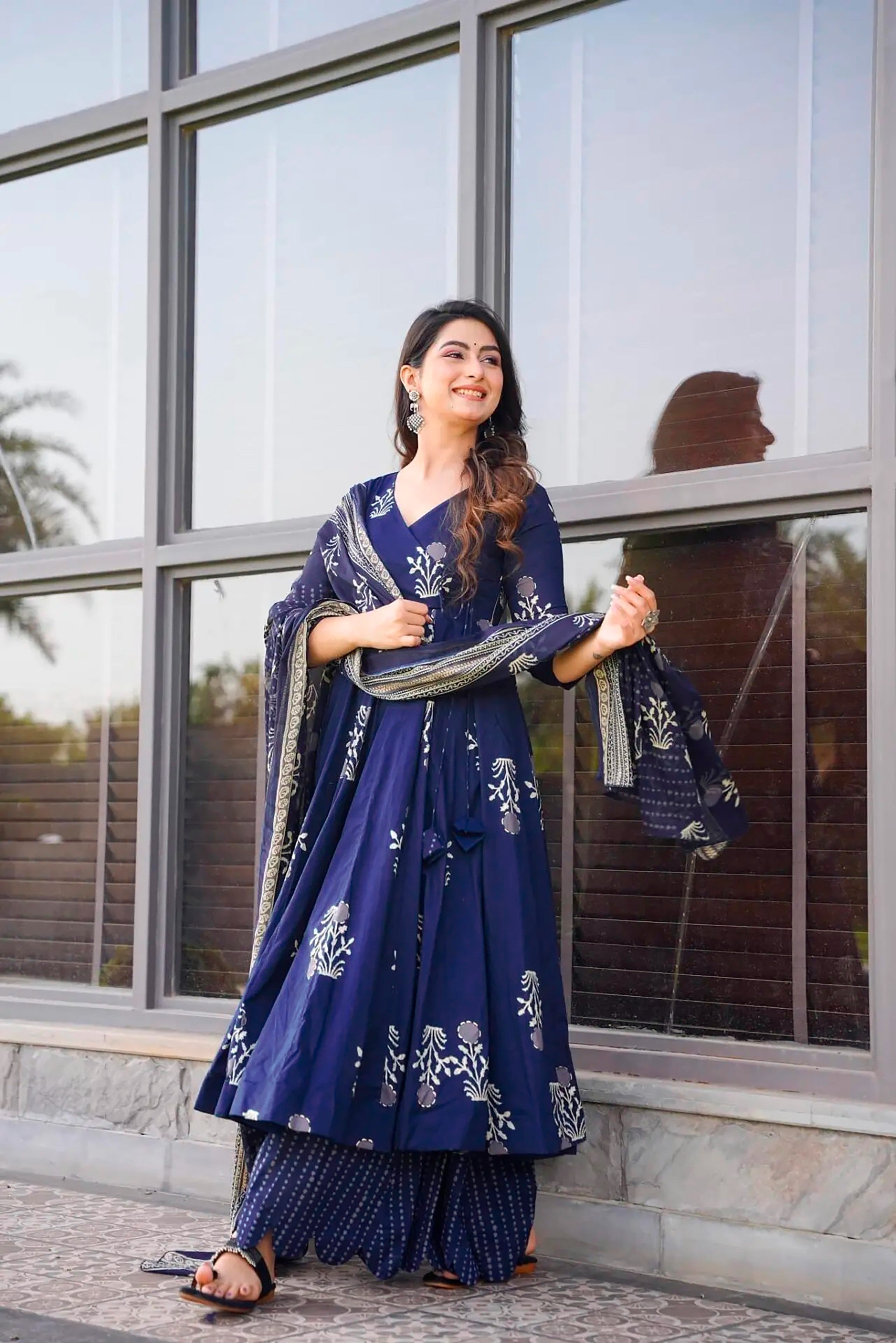 Sonakshi Women's Royal Blue Maslin Digital Print Full Round Flair Anarkali Gown Set With Dupatta - Distacart