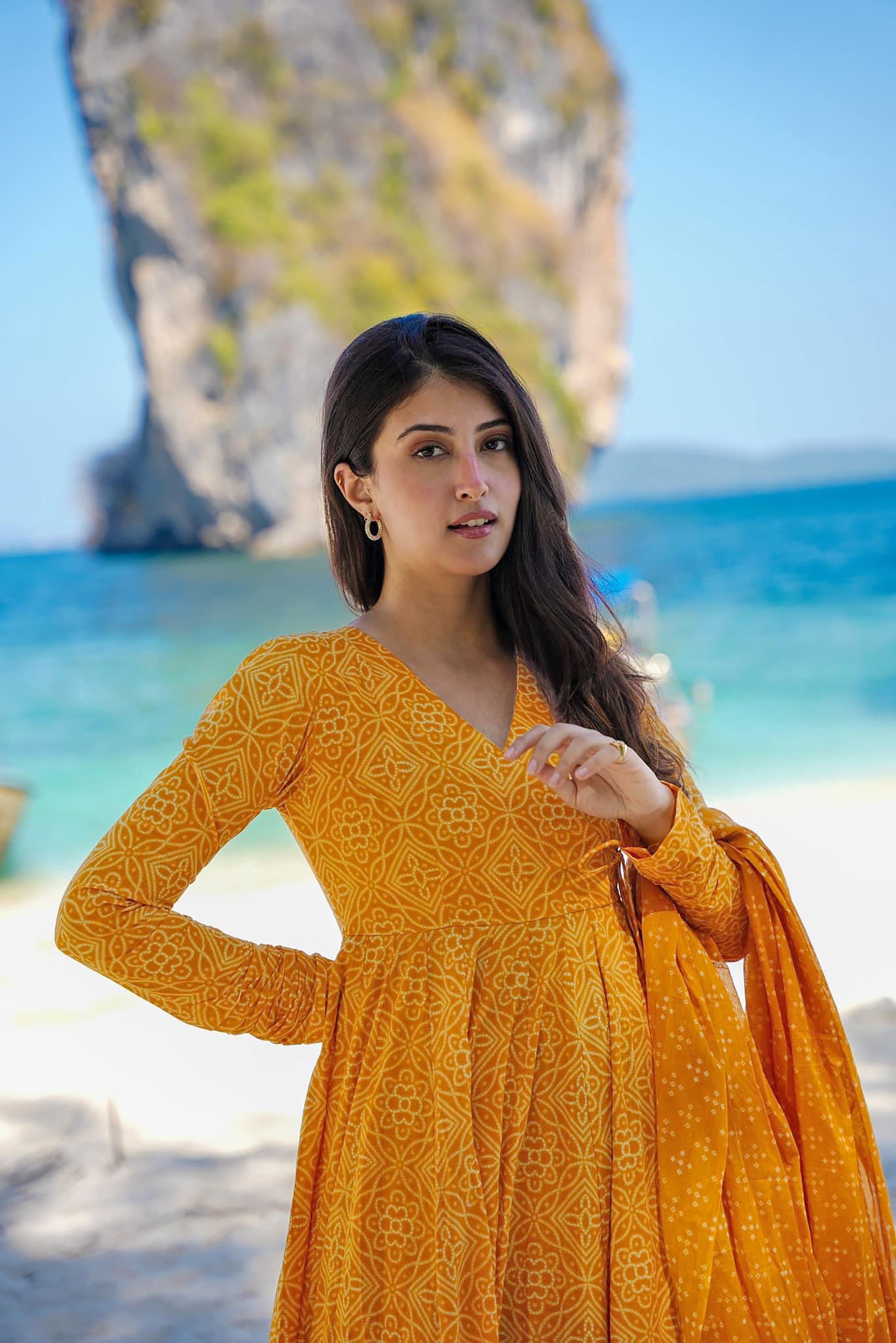 Sonakshi Women's Yellow Maslin Digital Print Full Round Flair Anarkali Gown Set With Dupatta