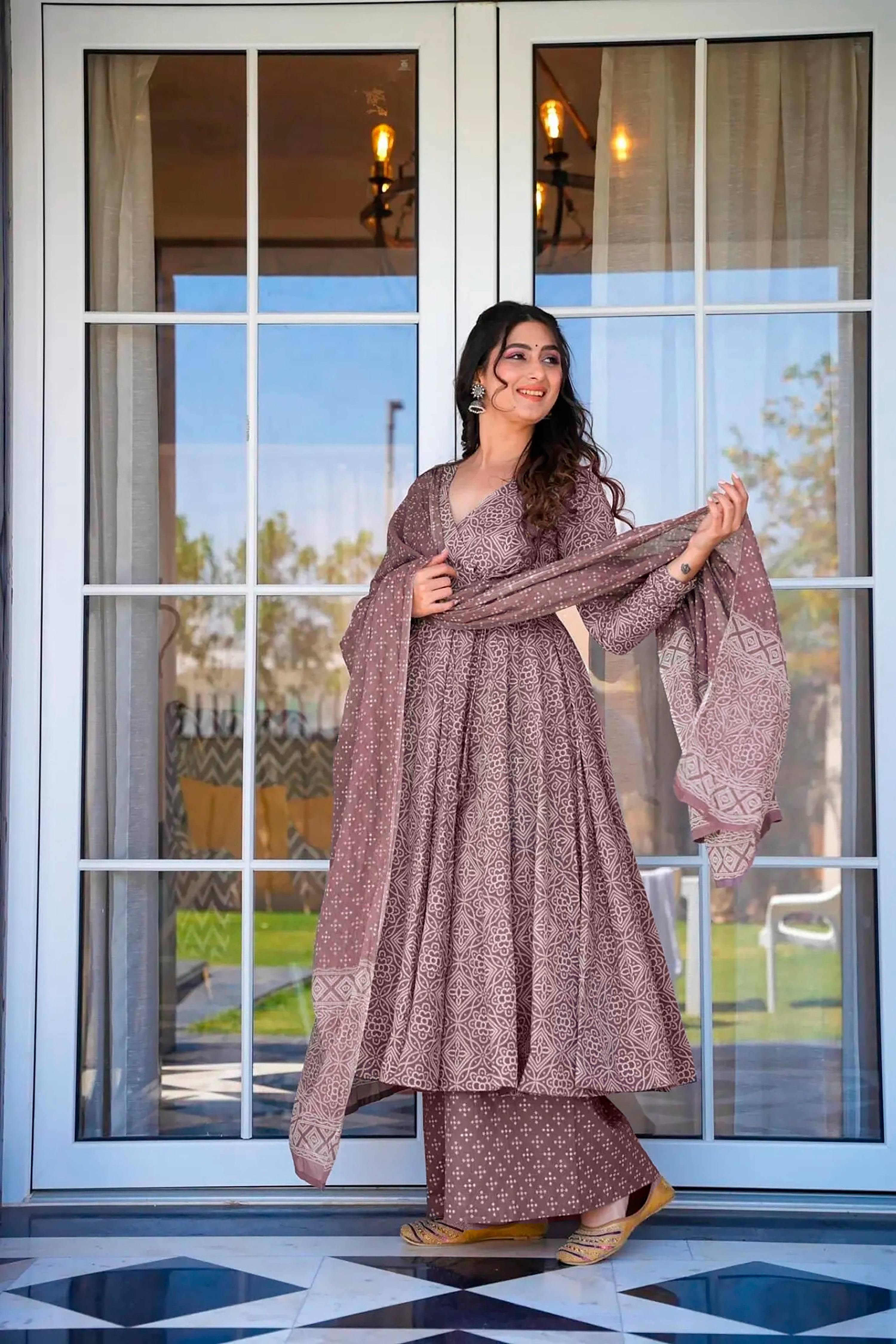 Sonakshi Women's Baby Purple Maslin Digital Print Full Round Flair Anarkali Gown Set With Dupatta - Distacart