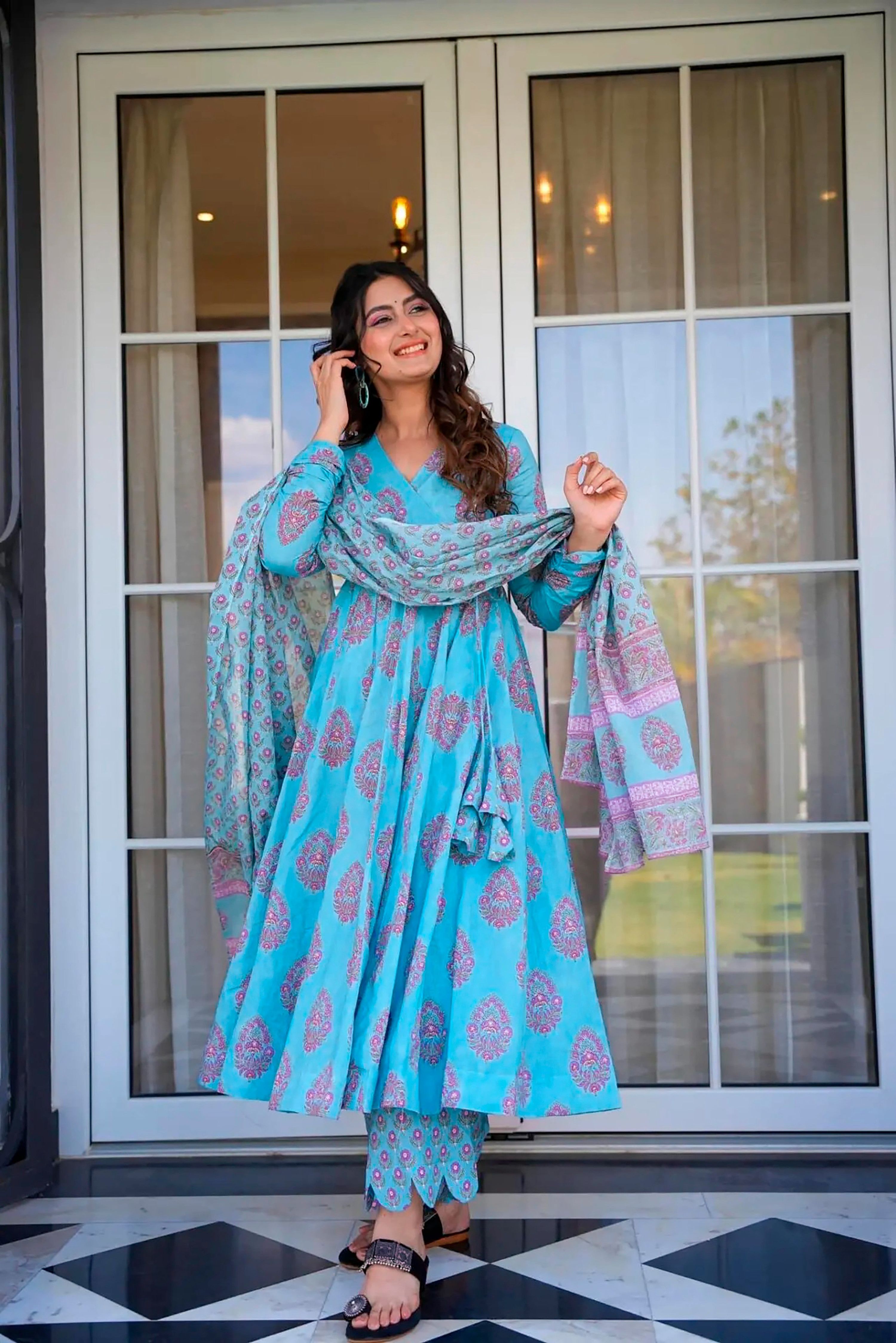 Sonakshi Women's Electric Blue Maslin Digital Print Full Round Flair Anarkali Gown Set With Dupatta - Distacart