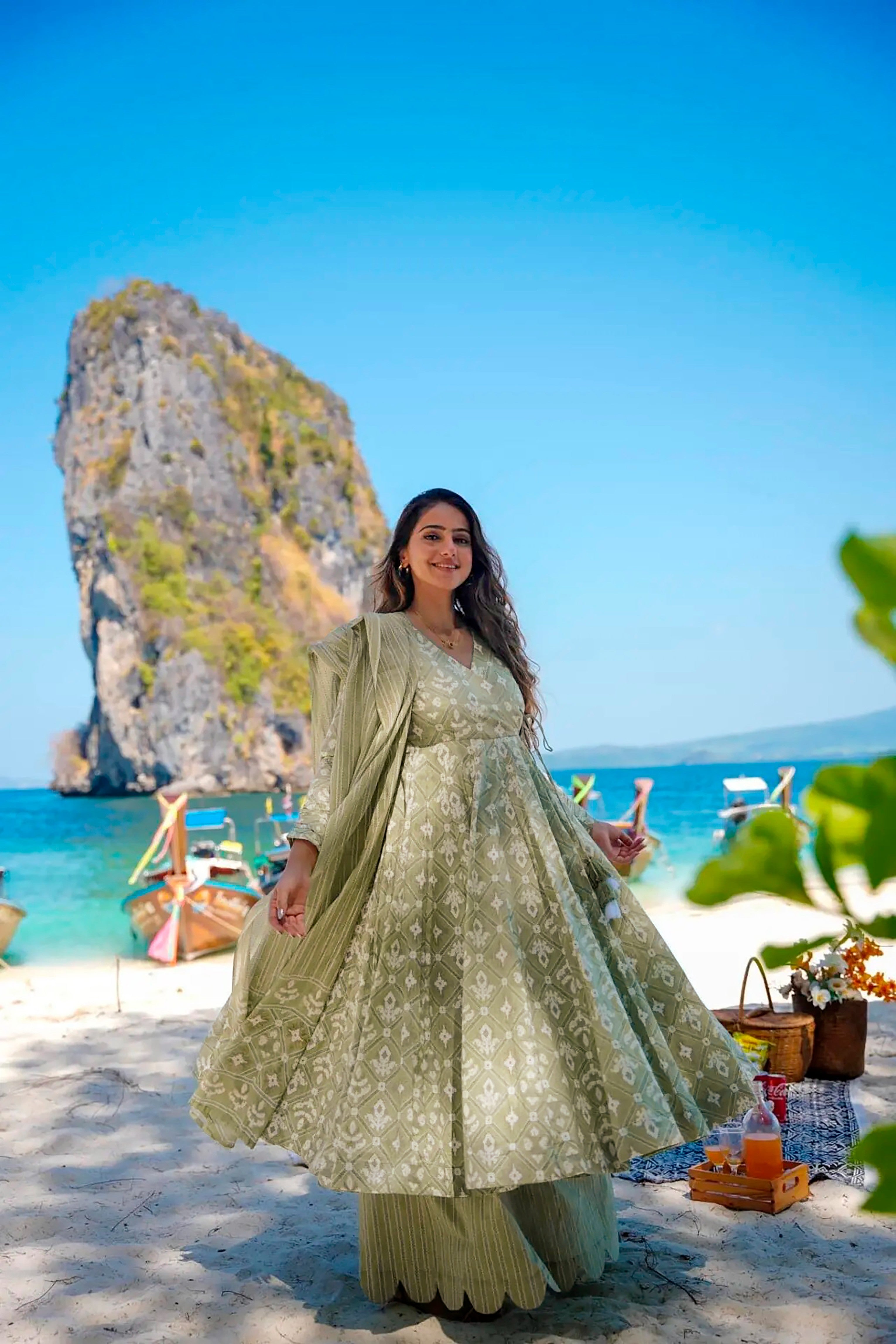 Sonakshi Women's Baby Green Maslin Digital Print Full Round Flair Anarkali Gown Set With Dupatta