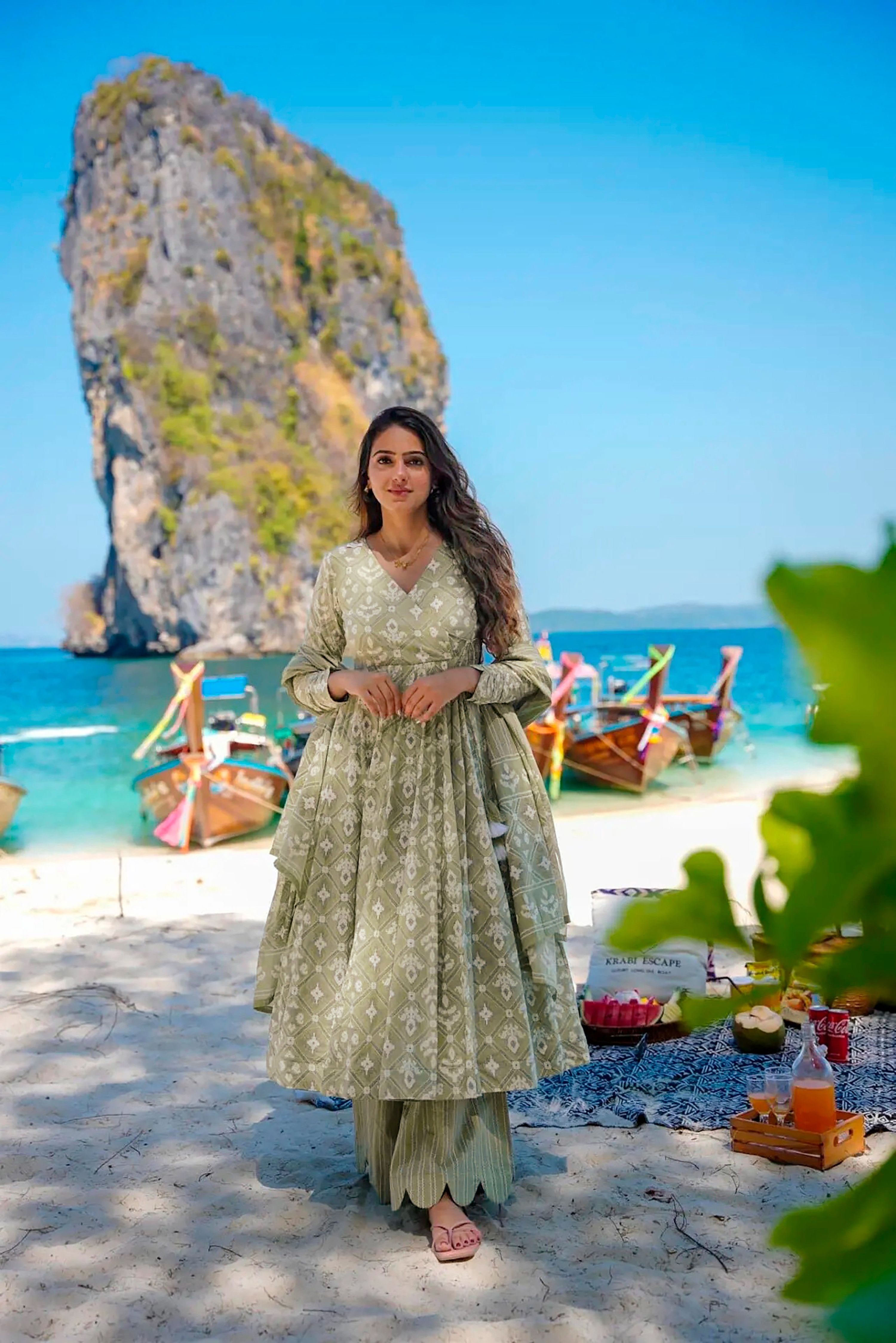 Sonakshi Women's Baby Green Maslin Digital Print Full Round Flair Anarkali Gown Set With Dupatta