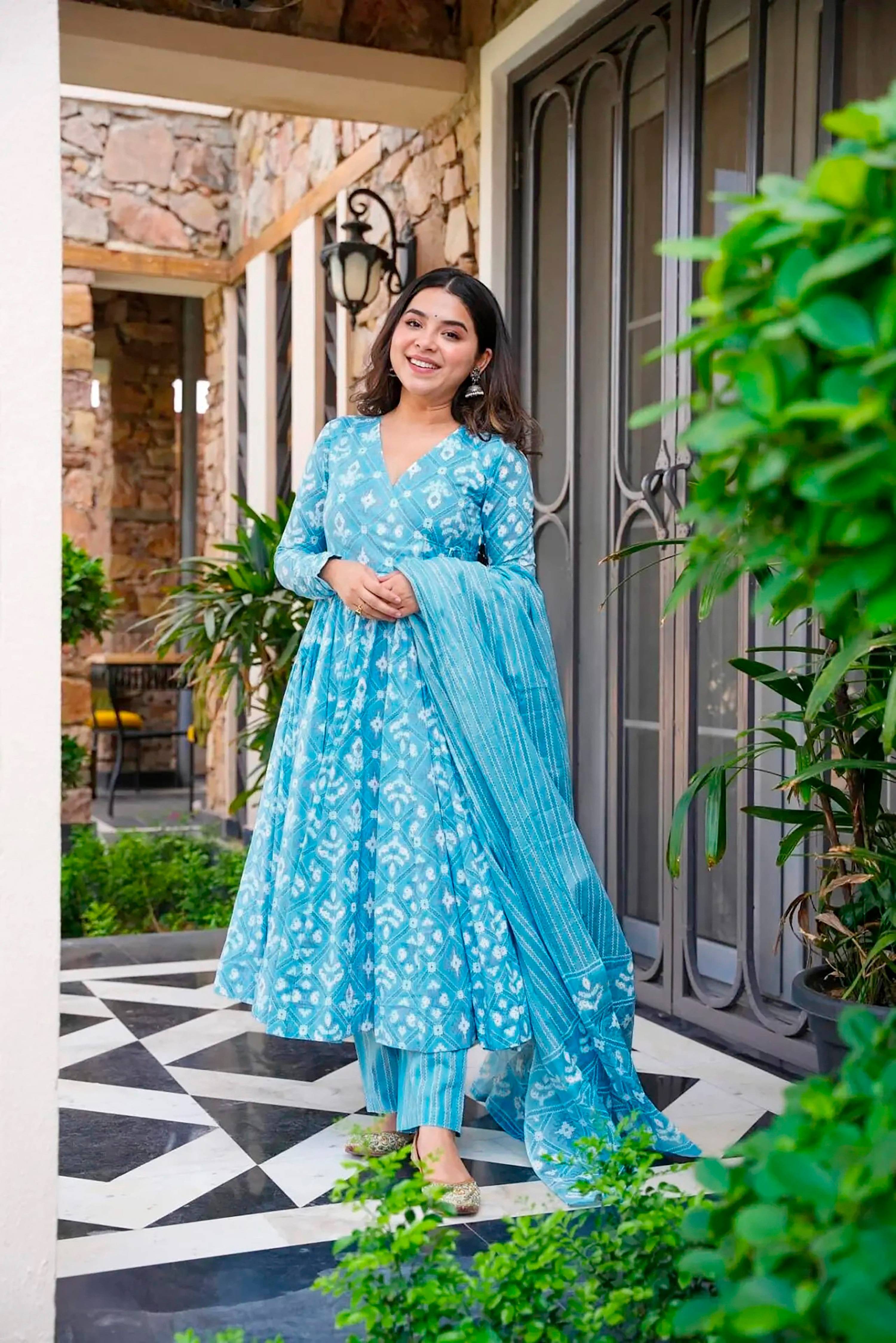 Sonakshi Women's Bright Blue Maslin Digital Print Full Round Flair Anarkali Gown Set With Dupatta