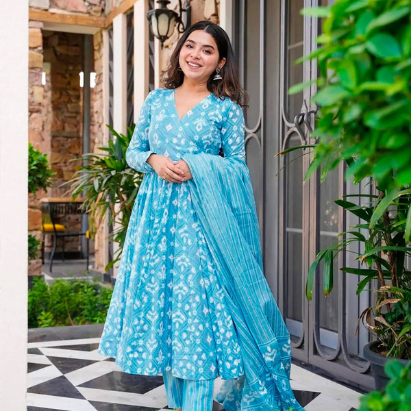Sonakshi Women's Bright Blue Maslin Digital Print Full Round Flair Anarkali Gown Set With Dupatta - Distacart