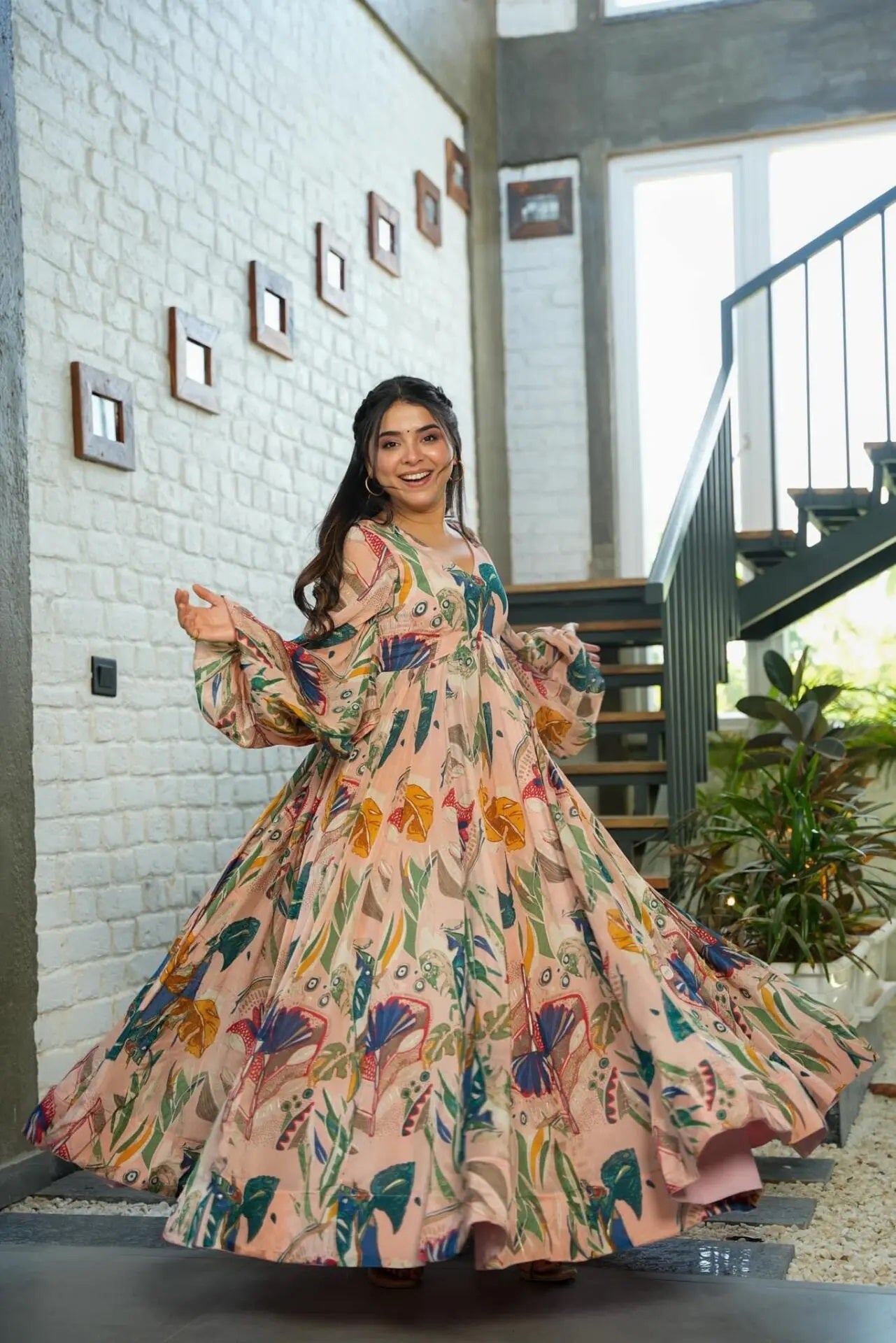 Sonakshi Women's Peach Air tex Chinon Digital Print Full Round Flair Anarkali Gown Set - Distacart