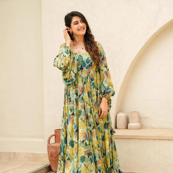 Sonakshi Women's Pista Air tex Chinon Digital Print Full Round Flair Anarkali Gown Set - Distacart