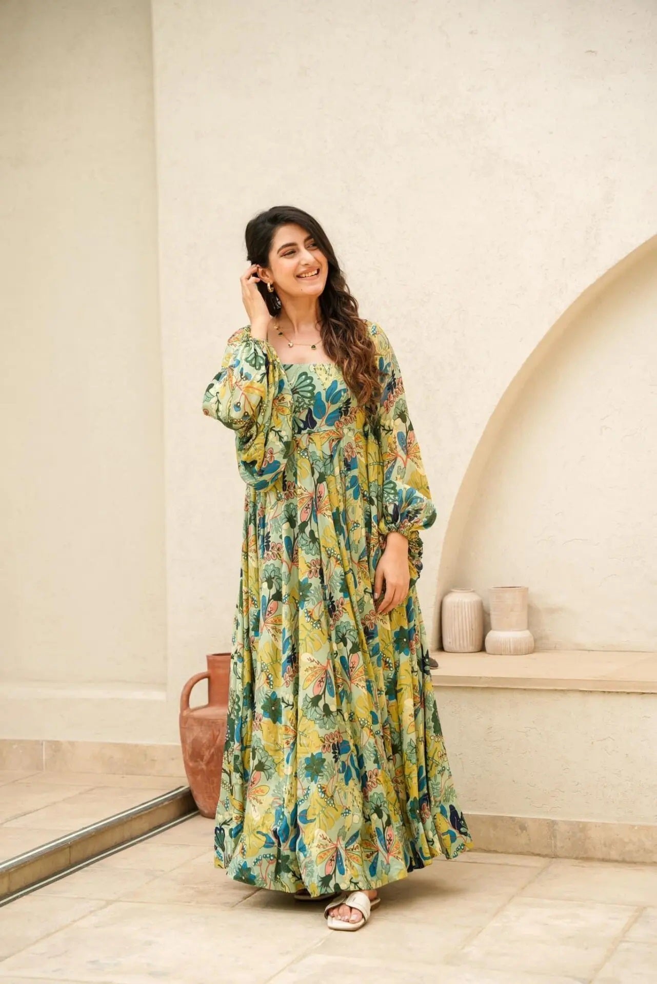 Sonakshi Women's Pista Air tex Chinon Digital Print Full Round Flair Anarkali Gown Set - Distacart