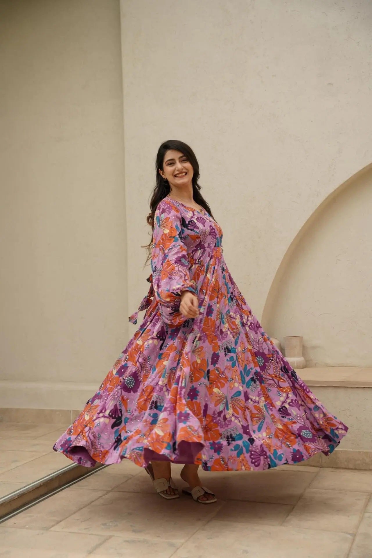 Sonakshi Women's Pink Air tex Chinon Digital Print Full Round Flair Anarkali Gown Set - Distacart