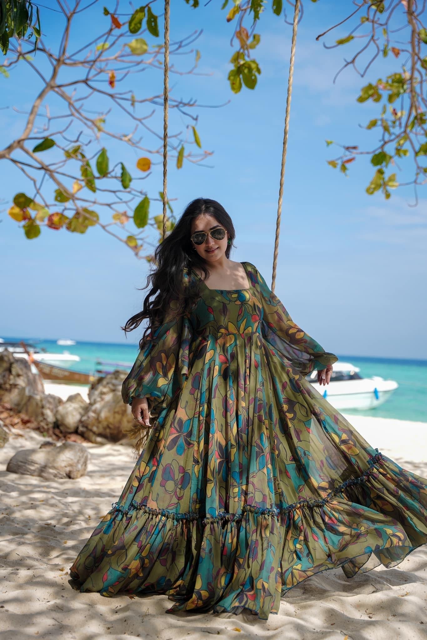 Sonakshi Women's Green Air tex Chinon Digital Print Full Round Flair Anarkali Gown Set