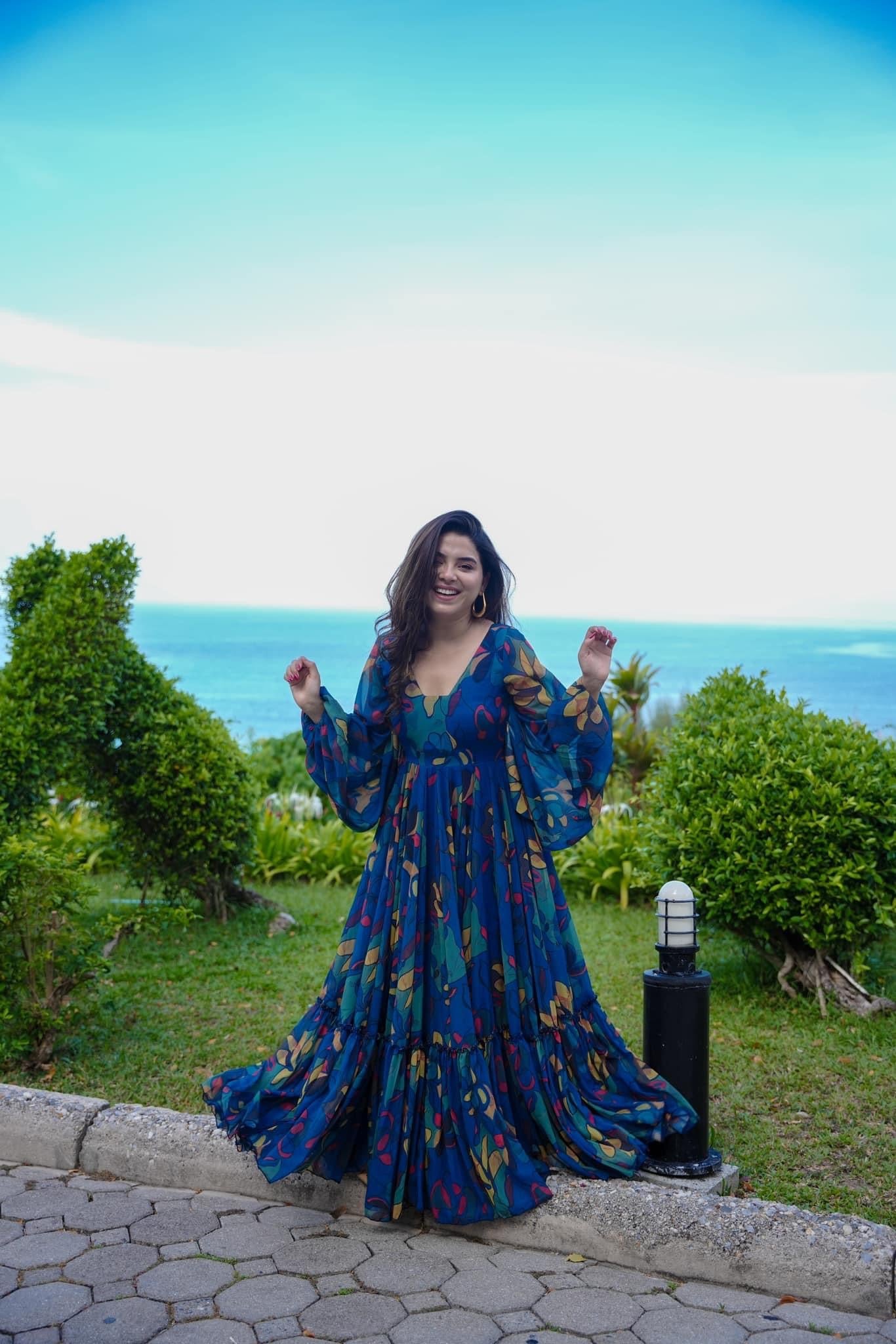 Sonakshi Women's Peacock Air tex Chinon Digital Print Full Round Flair Anarkali Gown Set