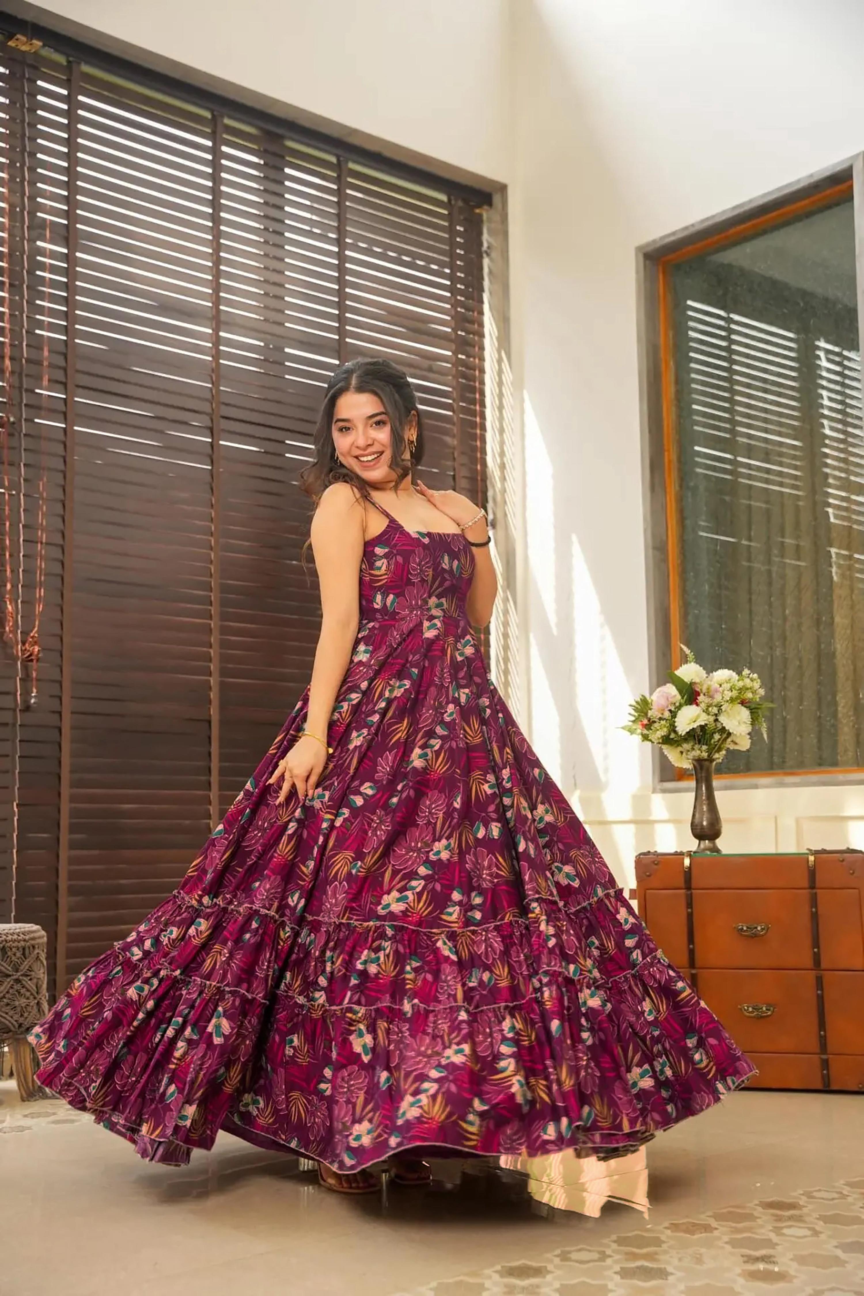 Sonakshi Women's Purple Heavy Rayon Digital Print Full Round Flair Anarkali Gown Set