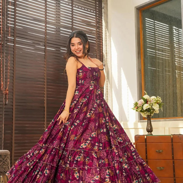 Sonakshi Women's Purple Heavy Rayon Digital Print Full Round Flair Anarkali Gown Set - Distacart