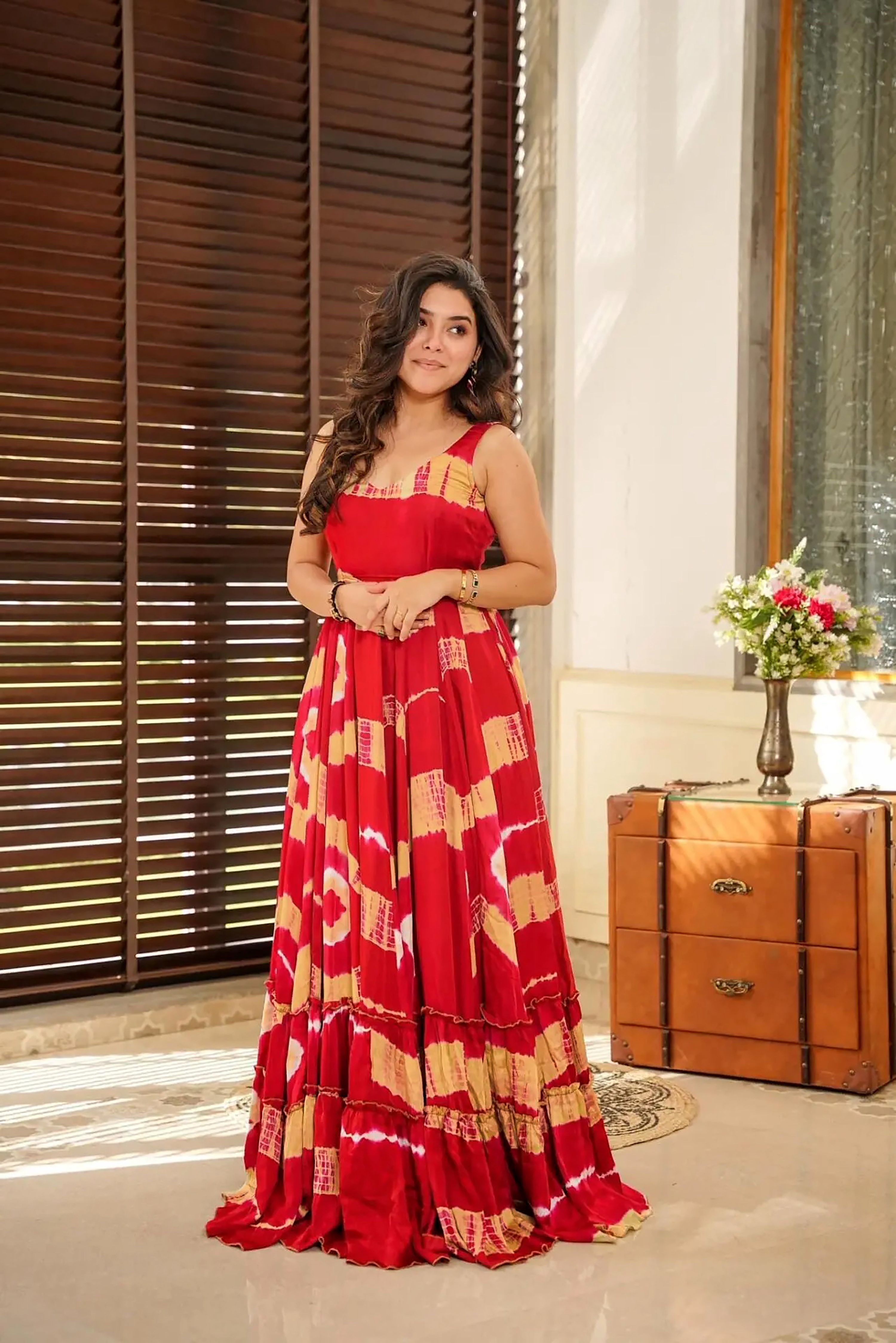 Sonakshi Women's Red Heavy Rayon Digital Print Full Round Flair Anarkali Gown Set