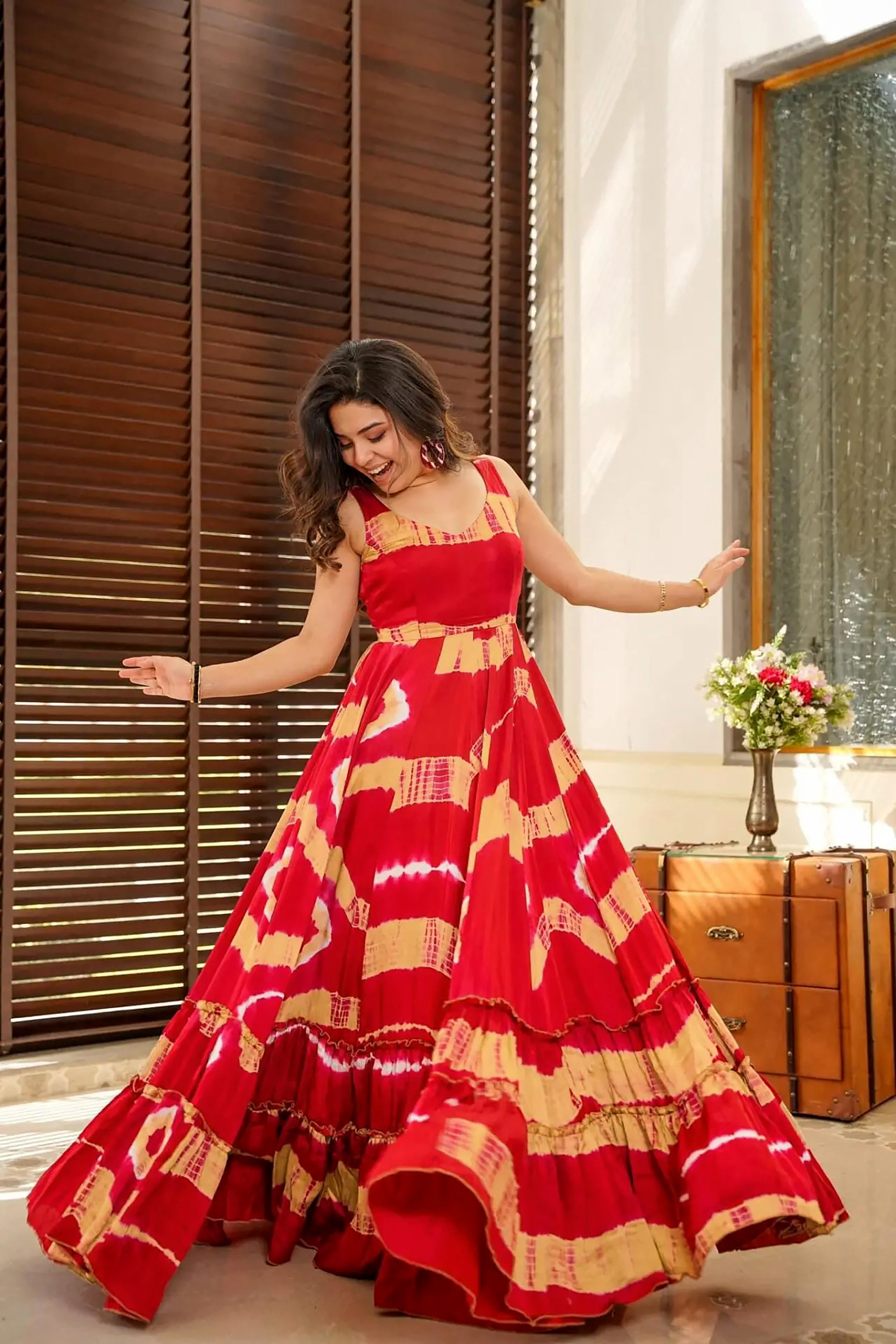 Sonakshi Women's Red Heavy Rayon Digital Print Full Round Flair Anarkali Gown Set - Distacart