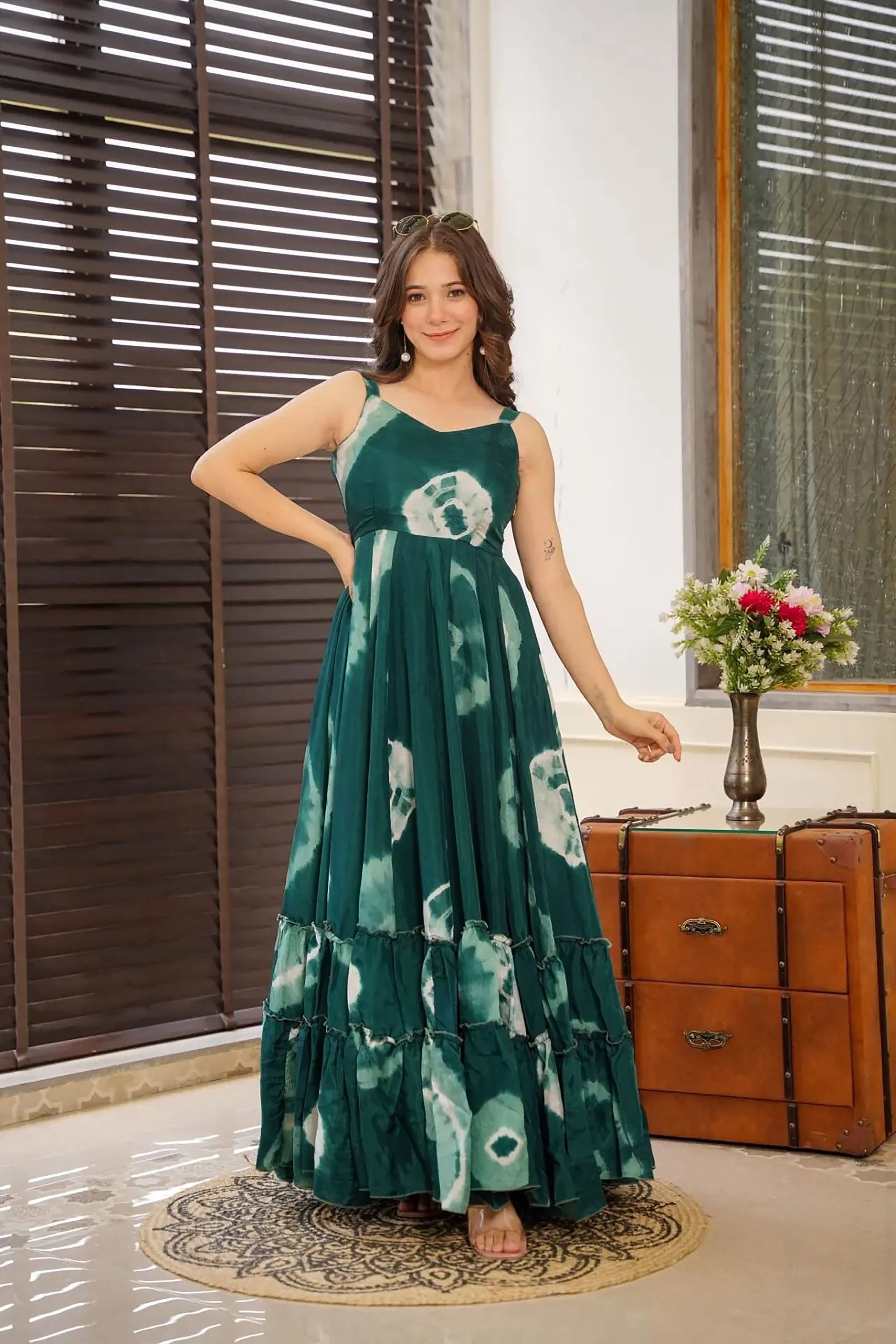 Sonakshi Women's Green Heavy Rayon Digital Print Full Round Flair Anarkali Gown Set - Distacart