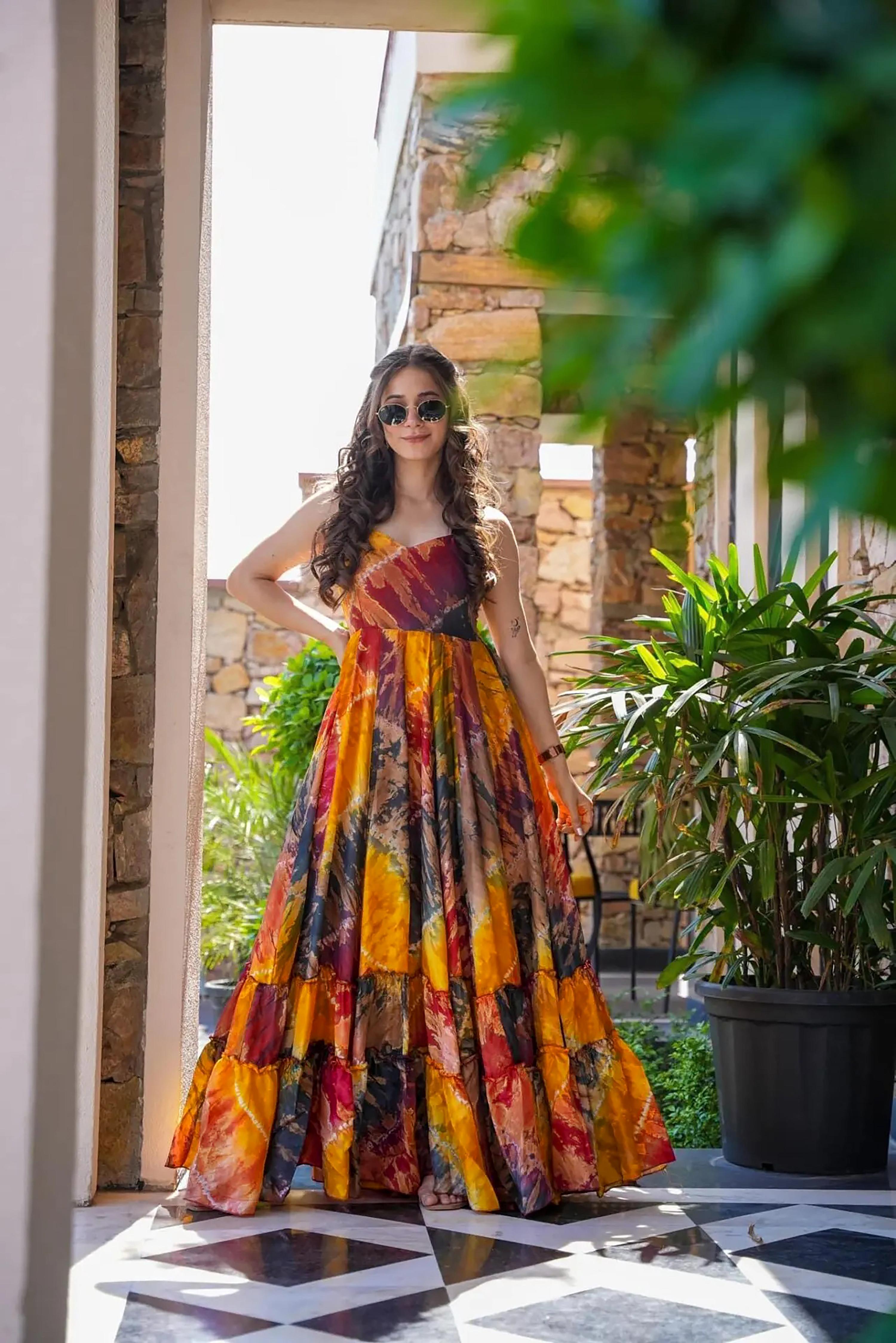 Sonakshi Women's Multycolor Heavy Rayon Digital Print Full Round Flair Anarkali Gown Set - Distacart
