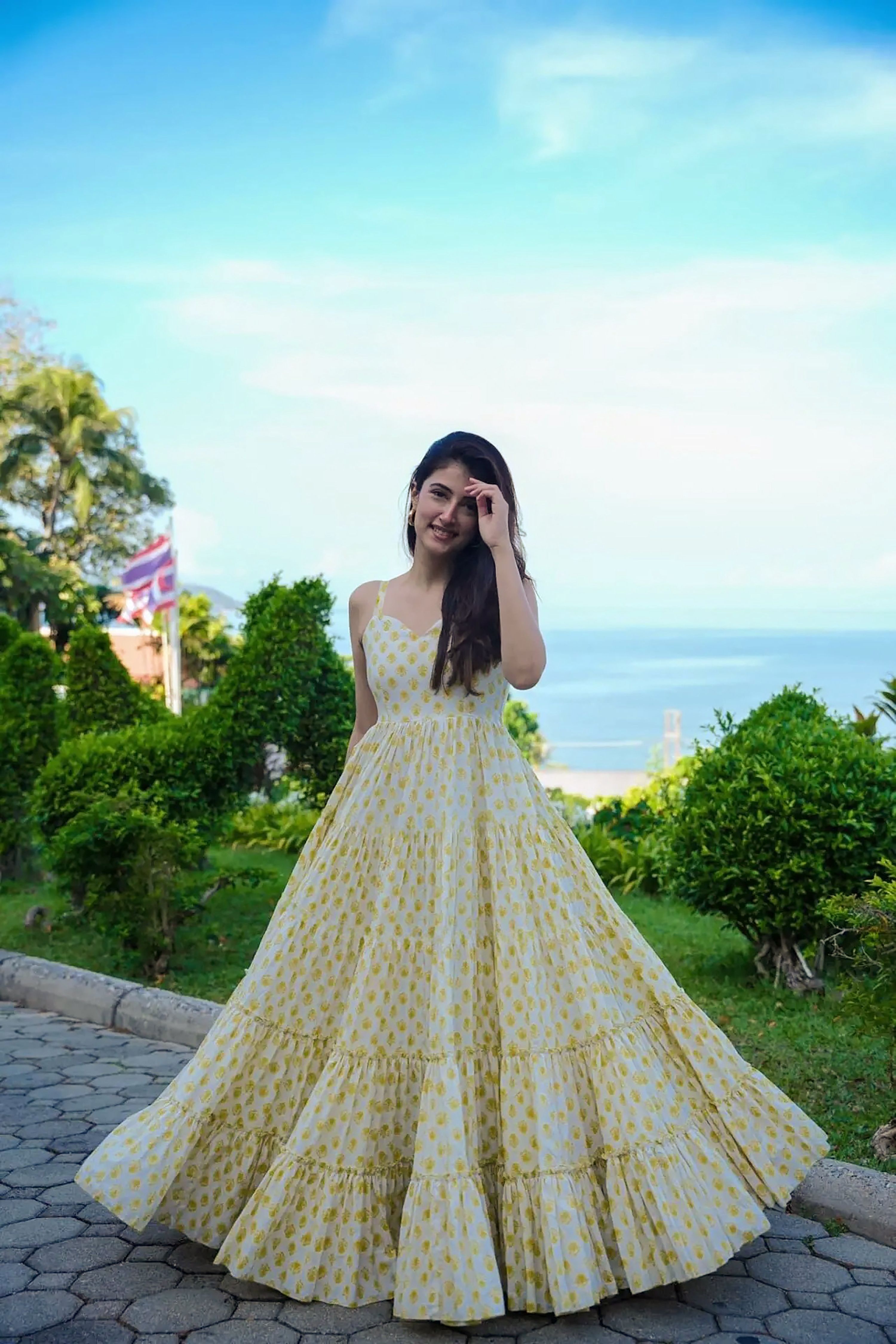 Sonakshi Women's Yellow Heavy Rayon Digital Print Full Round Flair Anarkali Gown Set