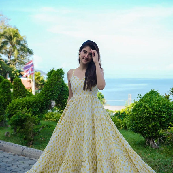 Sonakshi Women's Yellow Heavy Rayon Digital Print Full Round Flair Anarkali Gown Set - Distacart