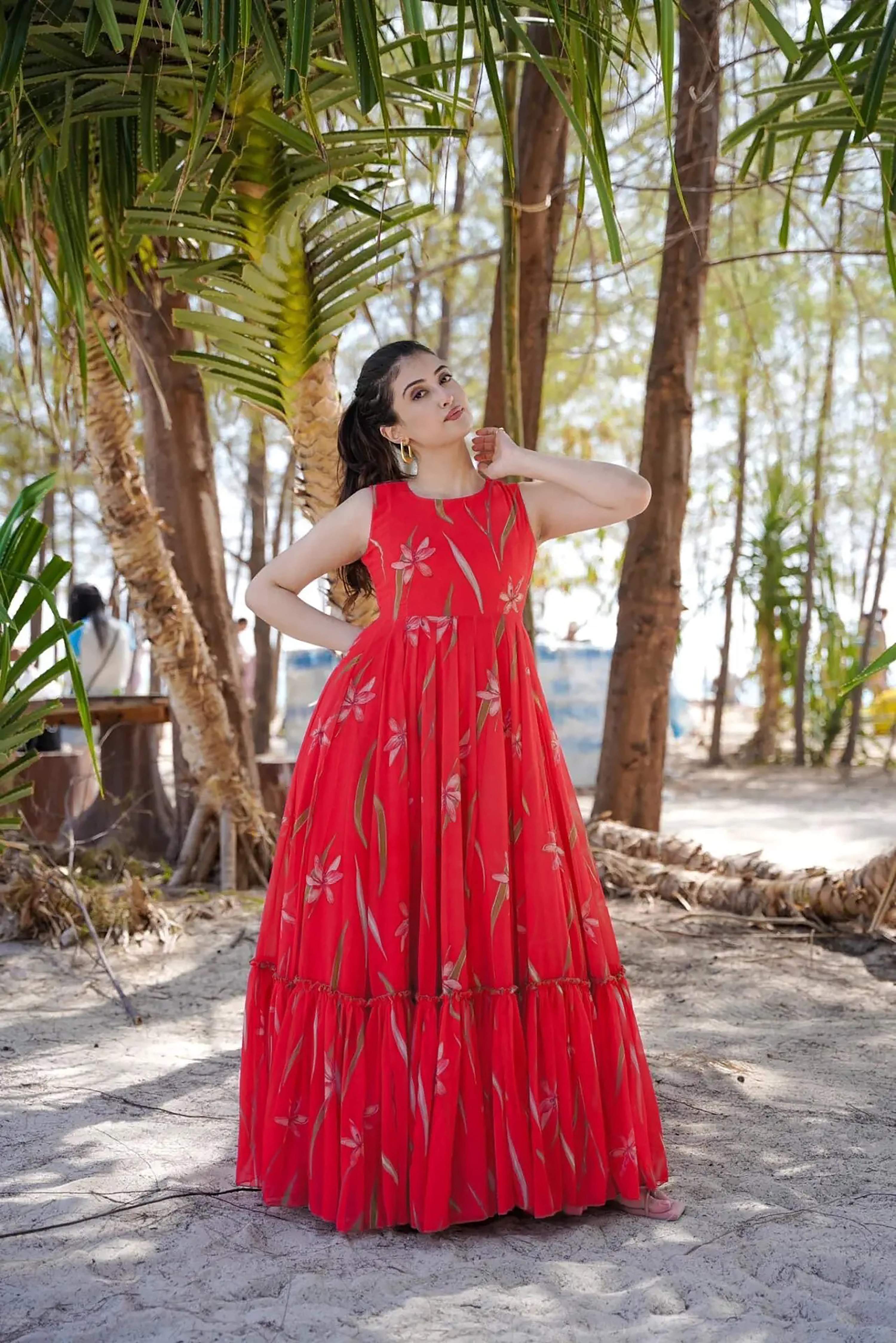 Sonakshi Women's Ranipink Faux Georgette Digital Print Full Round Flair Anarkali Gown Set