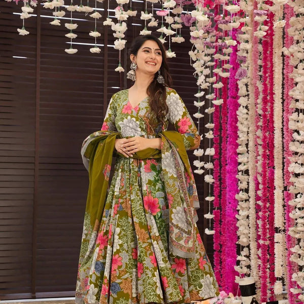 Sonakshi Women's Multycolor Maslin Digital Print Full Round Flair Anarkali Gown Set With Dupatta - Distacart