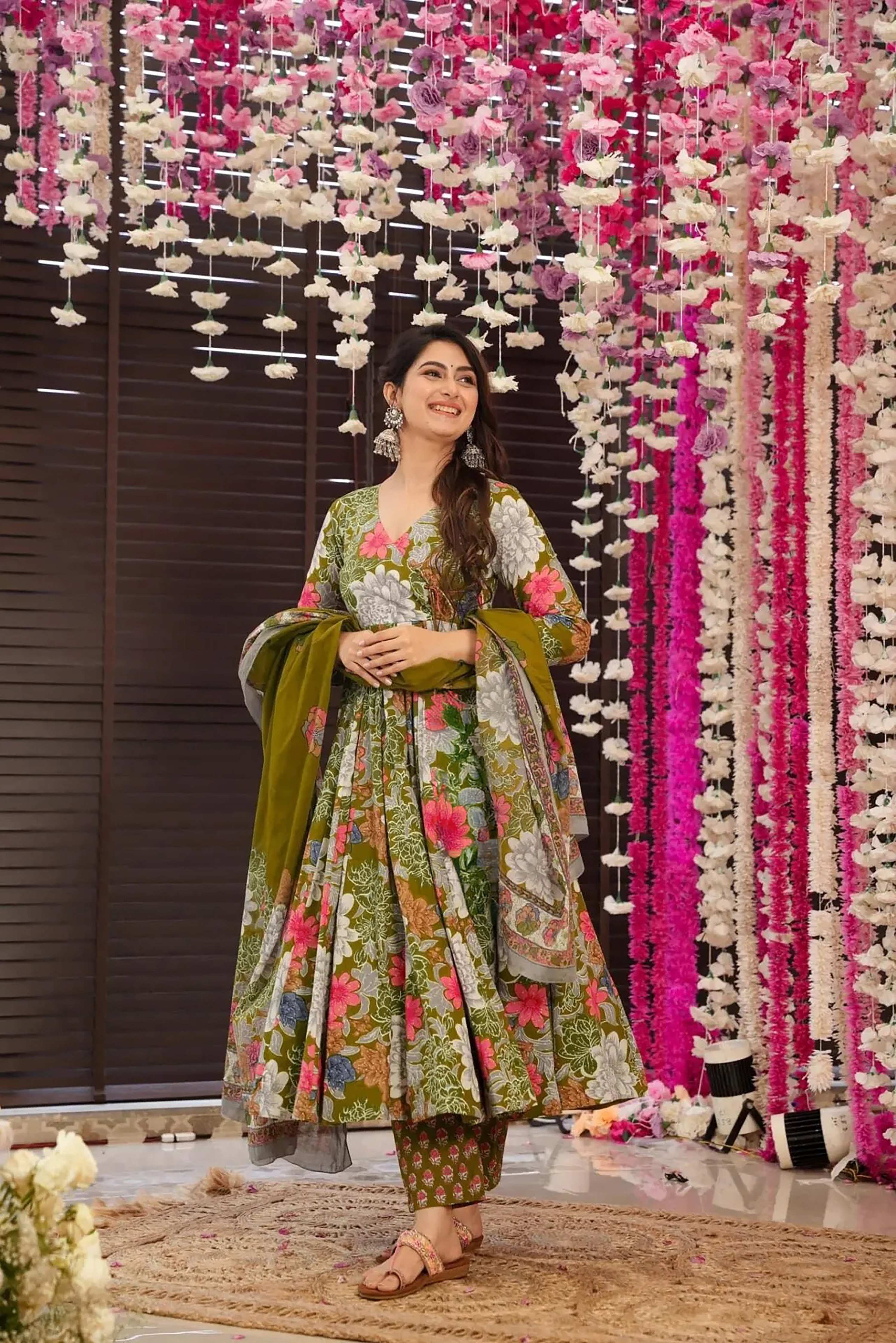 Sonakshi Women's Multycolor Maslin Digital Print Full Round Flair Anarkali Gown Set With Dupatta - Distacart