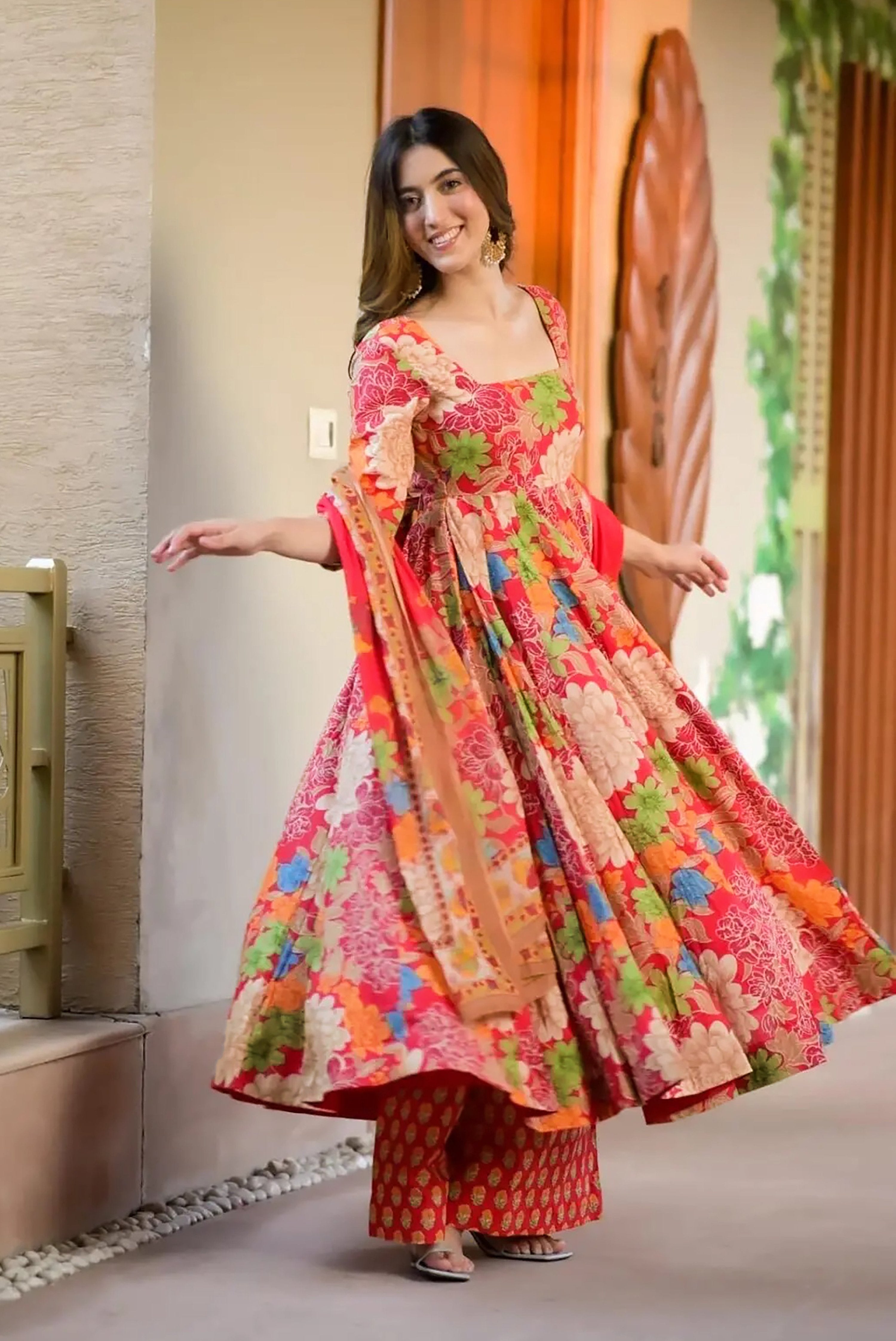 Sonakshi Women's Multycolor Maslin Digital Print Full Round Flair Anarkali Gown Set With Dupatta