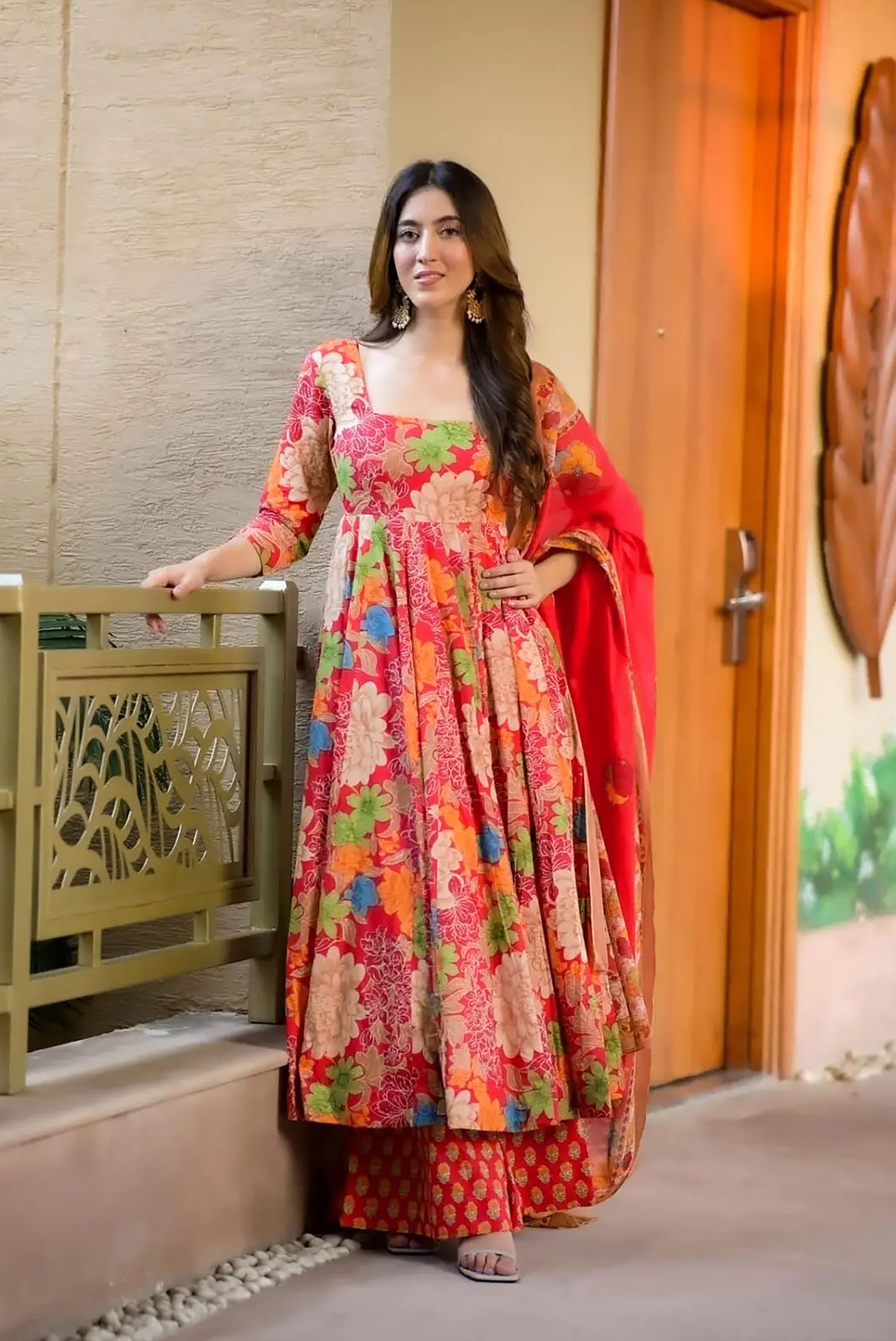 Sonakshi Women's Multycolor Maslin Digital Print Full Round Flair Anarkali Gown Set With Dupatta - Distacart
