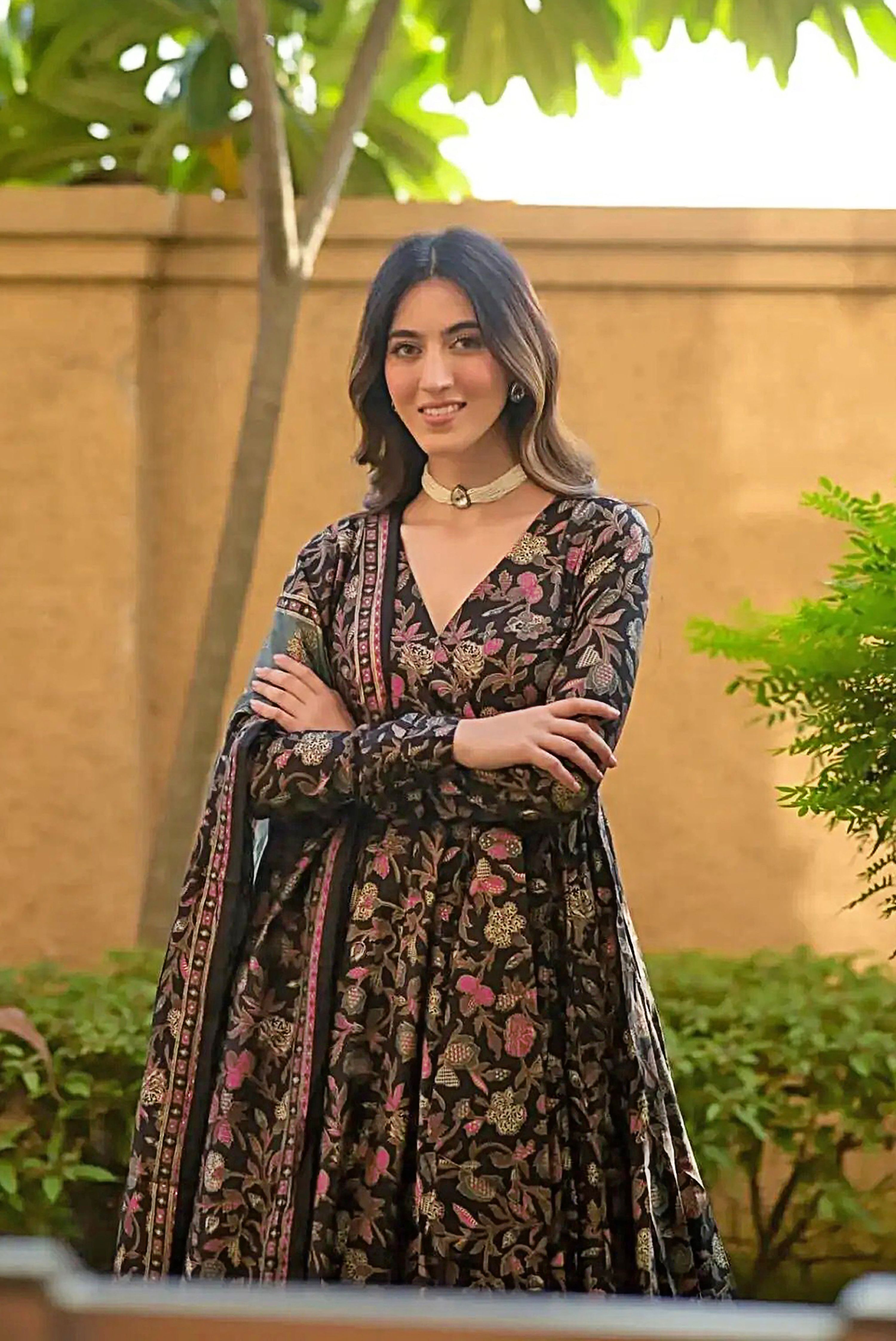 Sonakshi Women's Black Maslin Digital Print Full Round Flair Anarkali Gown Set With Dupatta