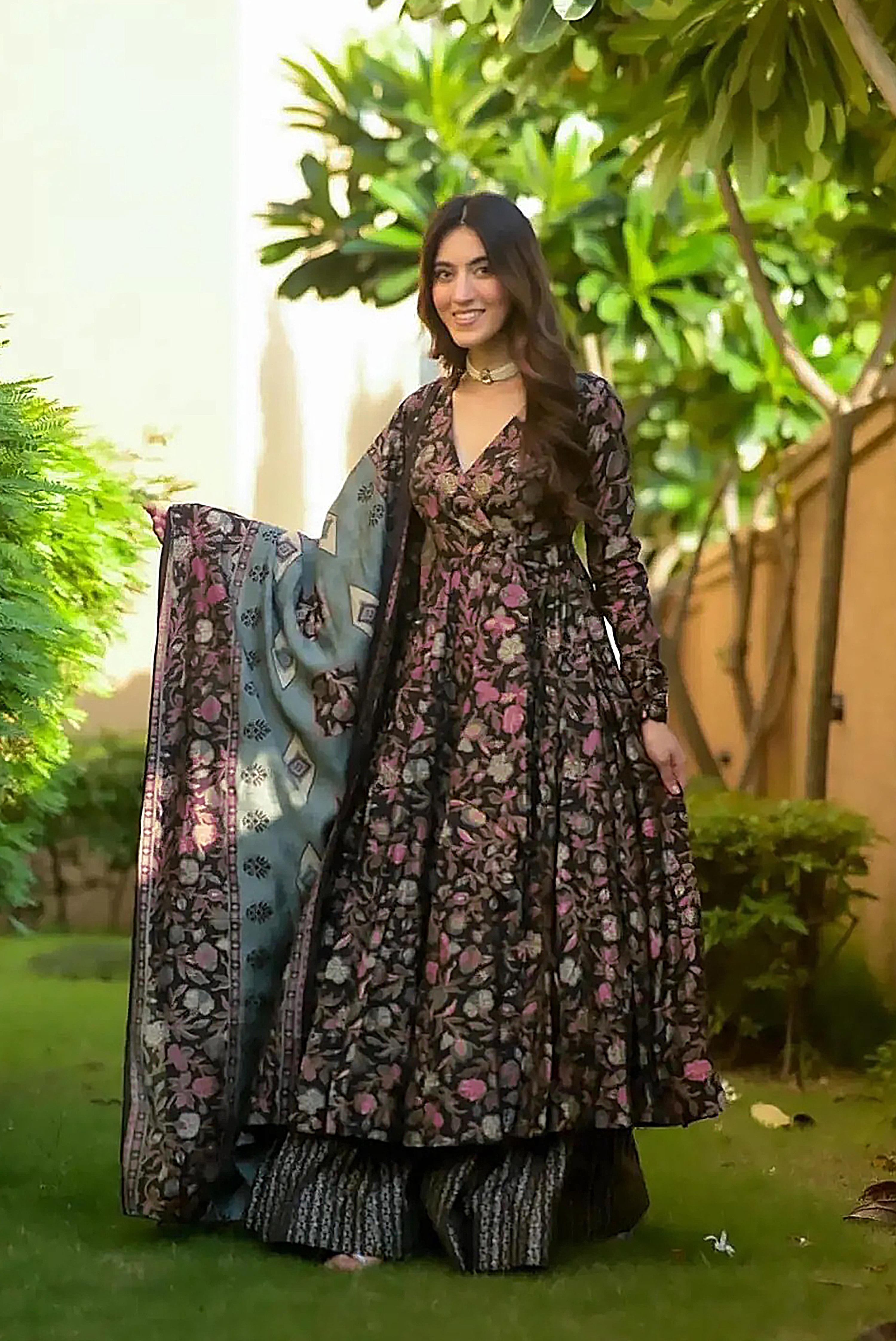 Sonakshi Women's Black Maslin Digital Print Full Round Flair Anarkali Gown Set With Dupatta