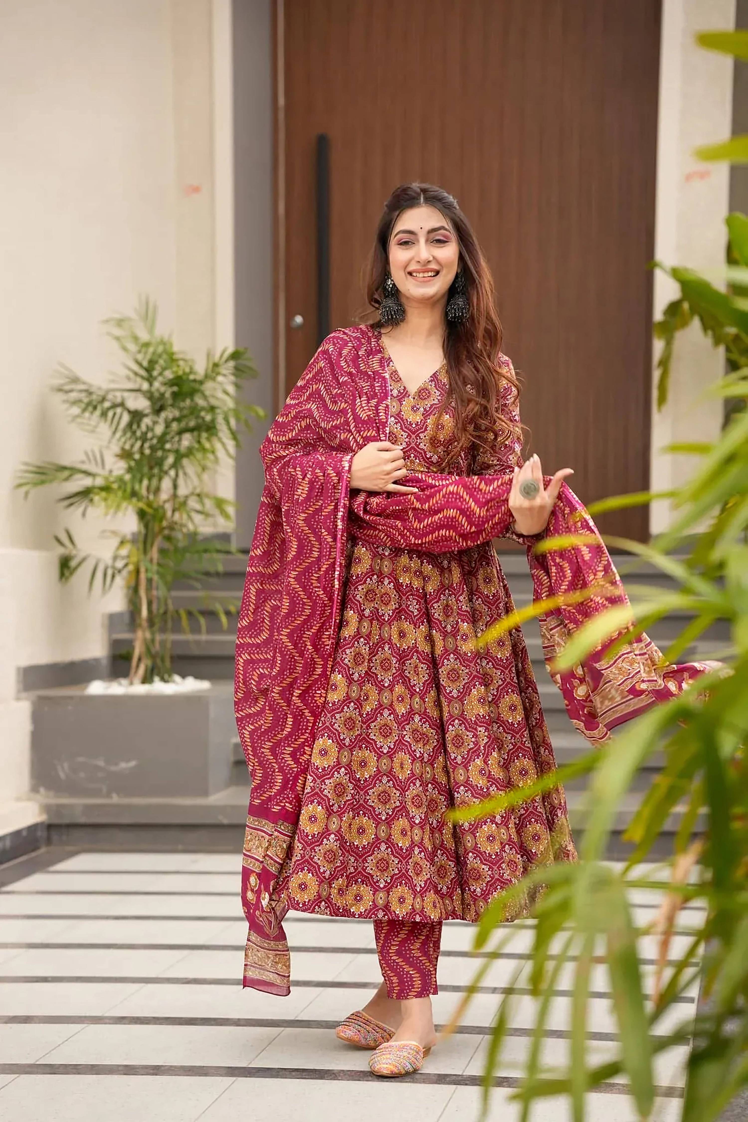 Sonakshi Women's Maharani Maslin Digital Print Full Round Flair Anarkali Gown Set With Dupatta - Distacart