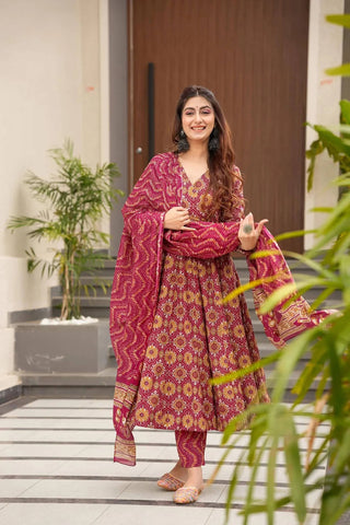 Sonakshi Women's Maharani Maslin Digital Print Full Round Flair Anarkali Gown Set With Dupatta