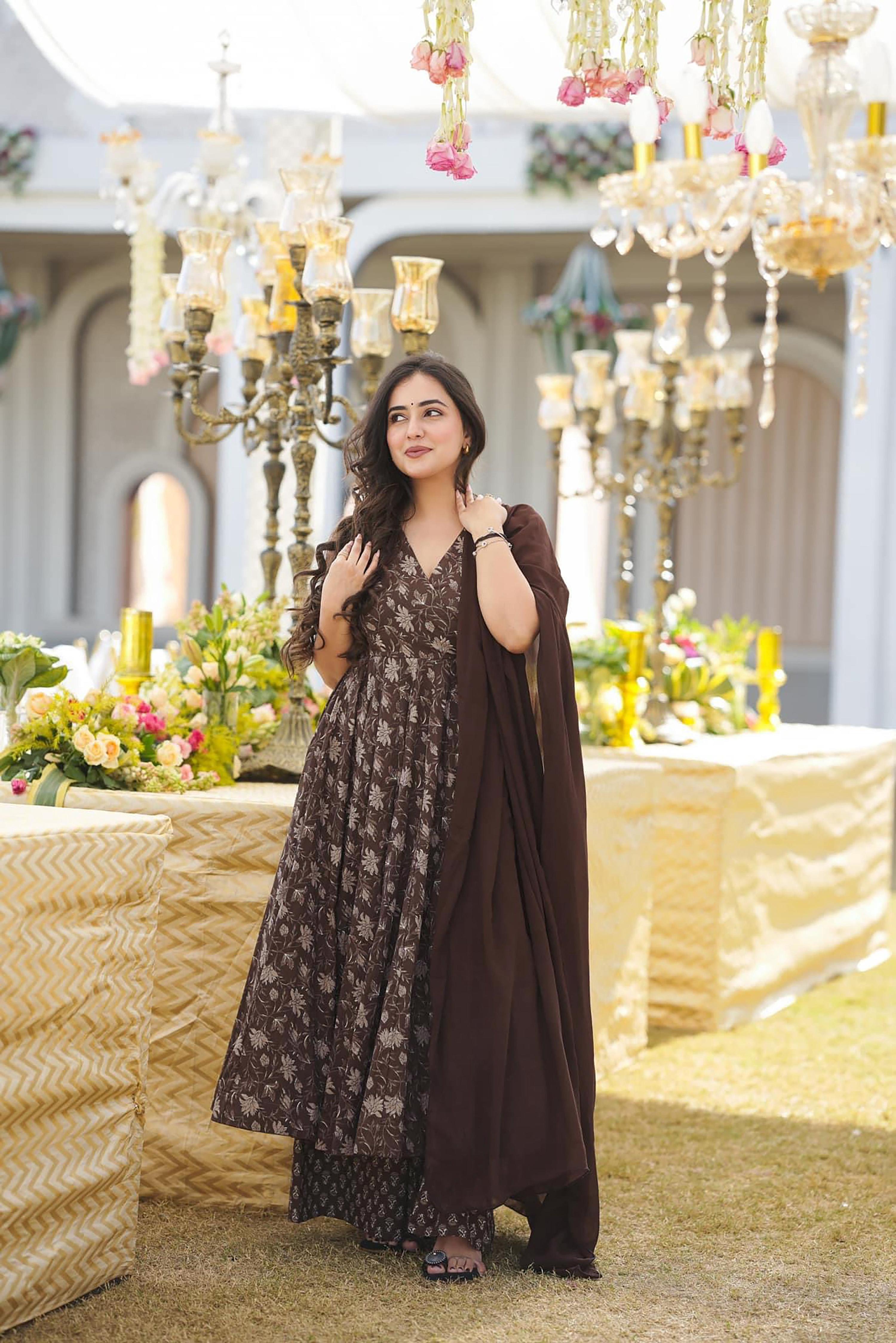 Sonakshi Women's Coffie Maslin Digital Print Full Round Flair Anarkali Gown Set With Dupatta