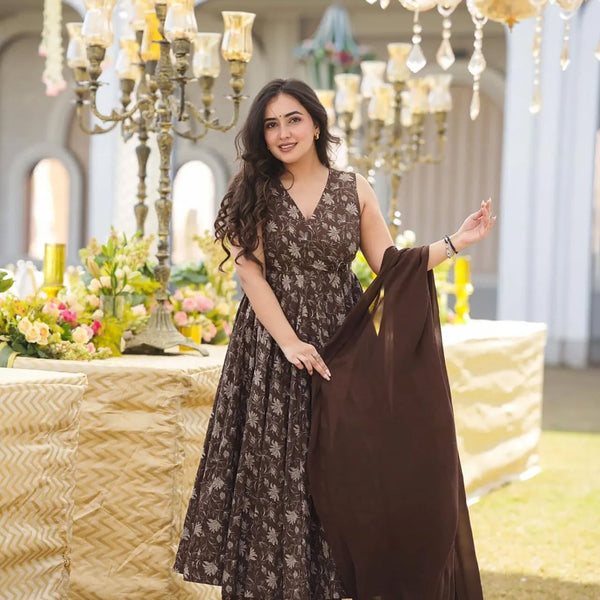 Sonakshi Women's Coffie Maslin Digital Print Full Round Flair Anarkali Gown Set With Dupatta - Distacart