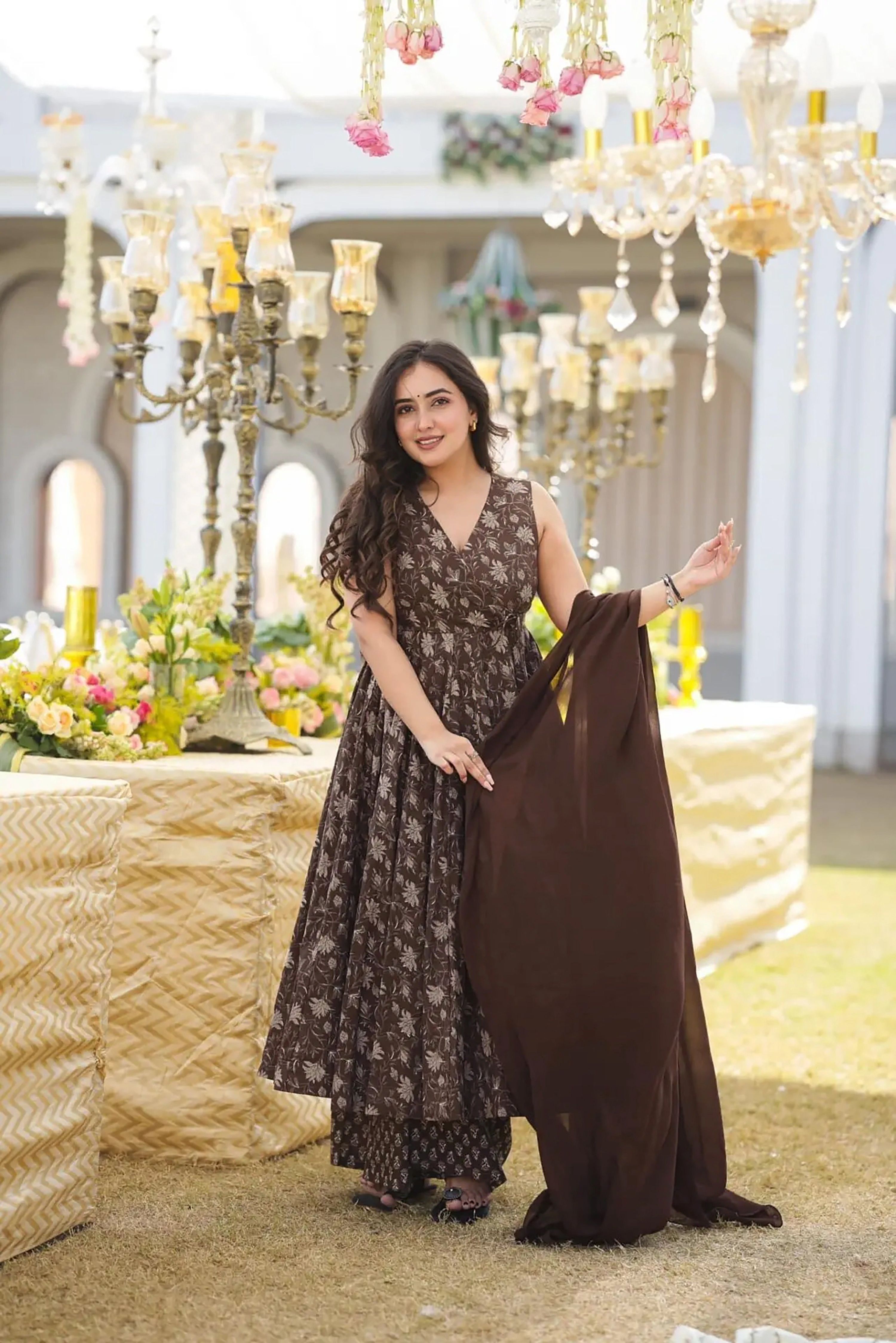 Sonakshi Women's Coffie Maslin Digital Print Full Round Flair Anarkali Gown Set With Dupatta - Distacart