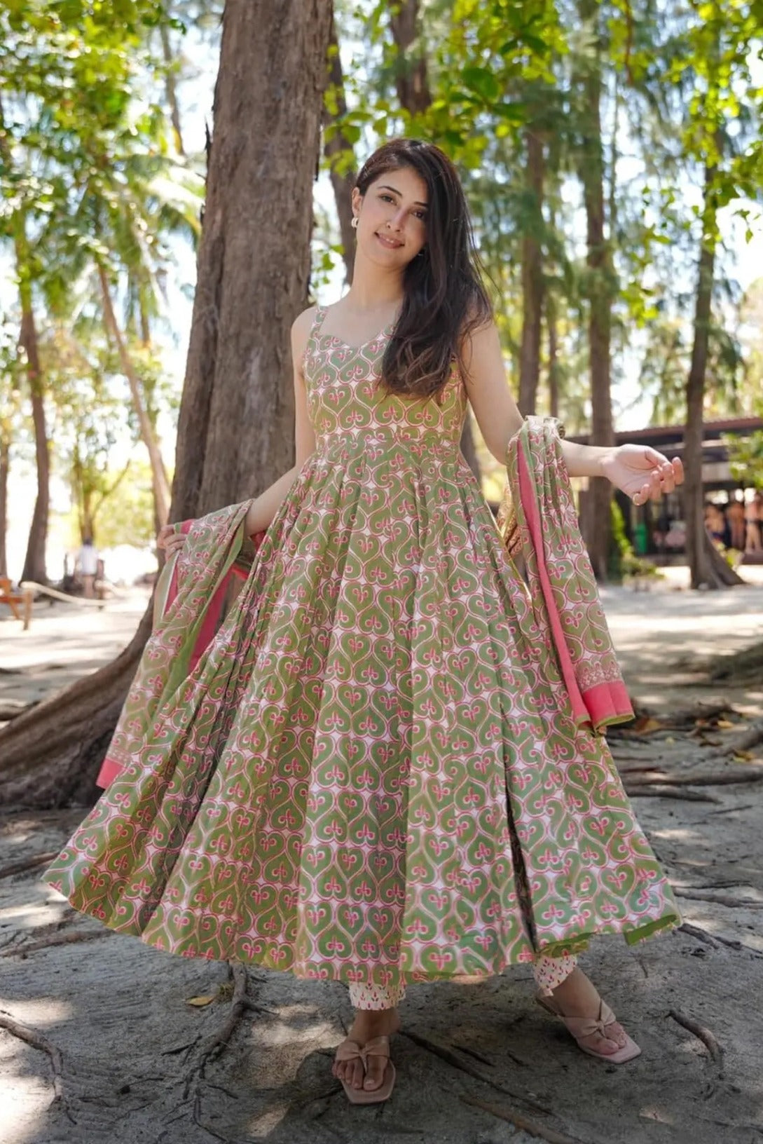 Sonakshi Women's Green Maslin Digital Print Full Round Flair Anarkali Gown Set With Dupatta - Distacart