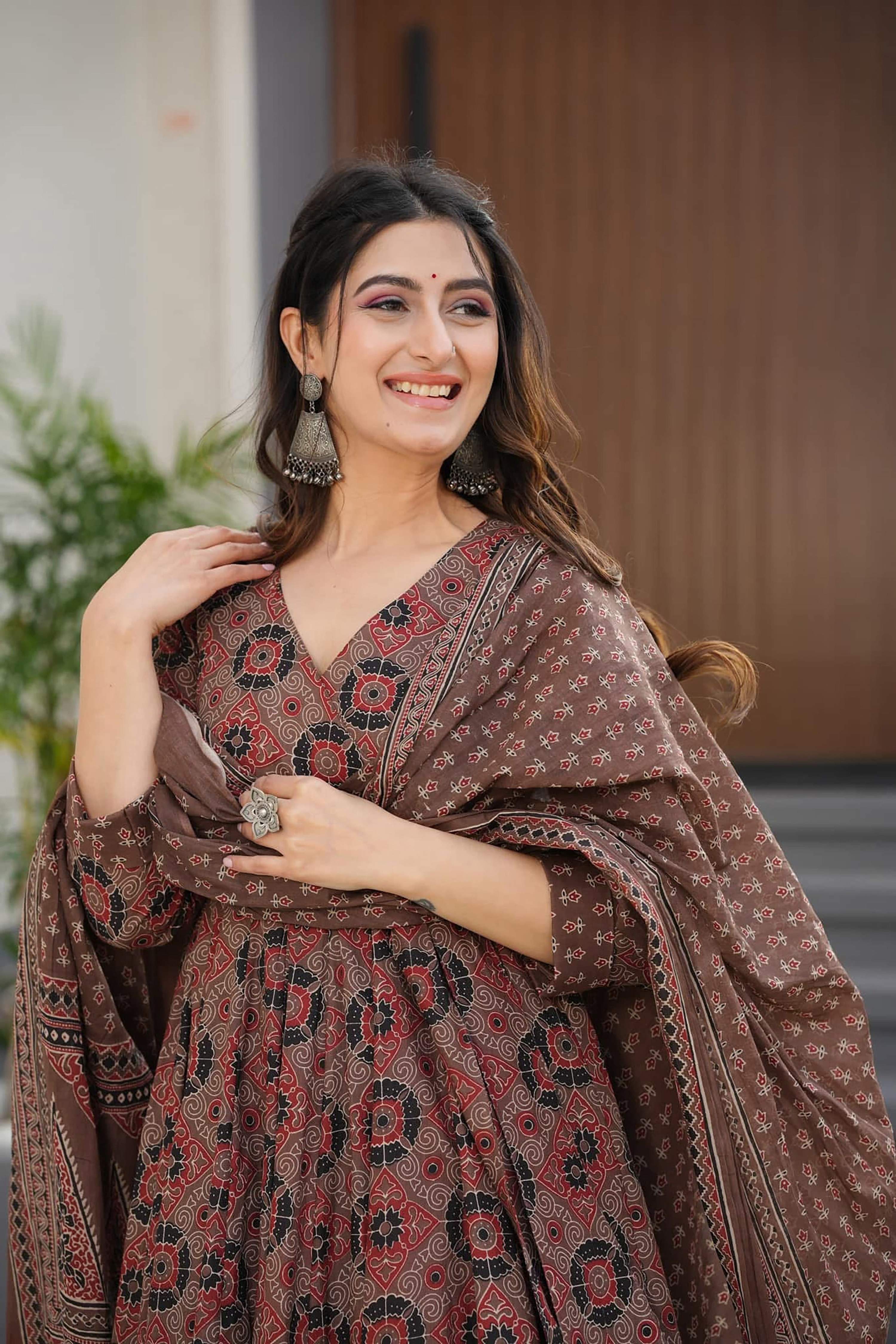 Sonakshi Women's Coffie Maslin Digital Print Full Round Flair Anarkali Gown Set With Dupatta