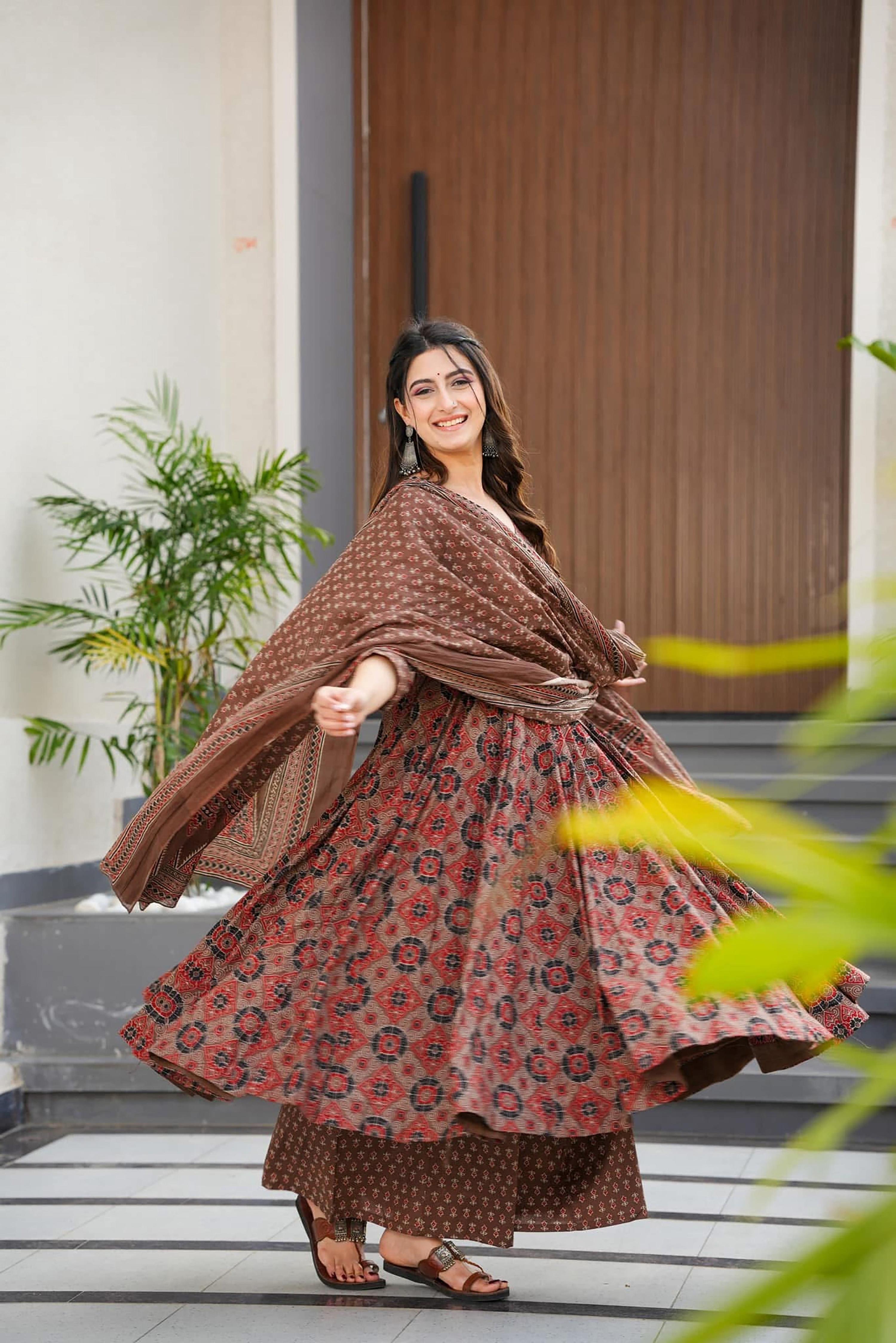Sonakshi Women's Coffie Maslin Digital Print Full Round Flair Anarkali Gown Set With Dupatta - Distacart