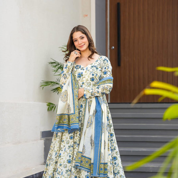 Sonakshi Women's Offwhite Maslin Digital Print Full Round Flair Anarkali Gown Set With Dupatta - Distacart