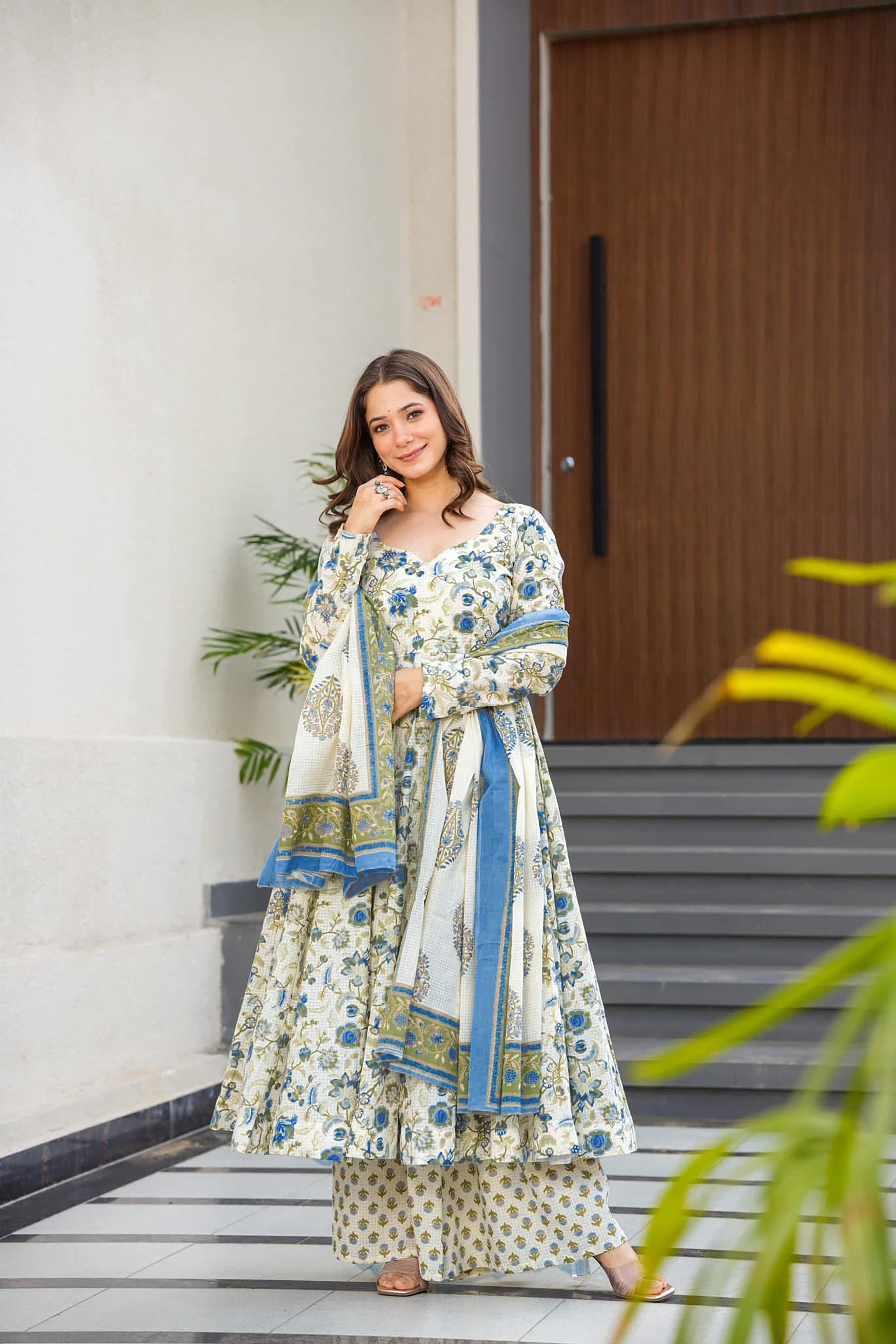 Sonakshi Women's Offwhite Maslin Digital Print Full Round Flair Anarkali Gown Set With Dupatta - Distacart