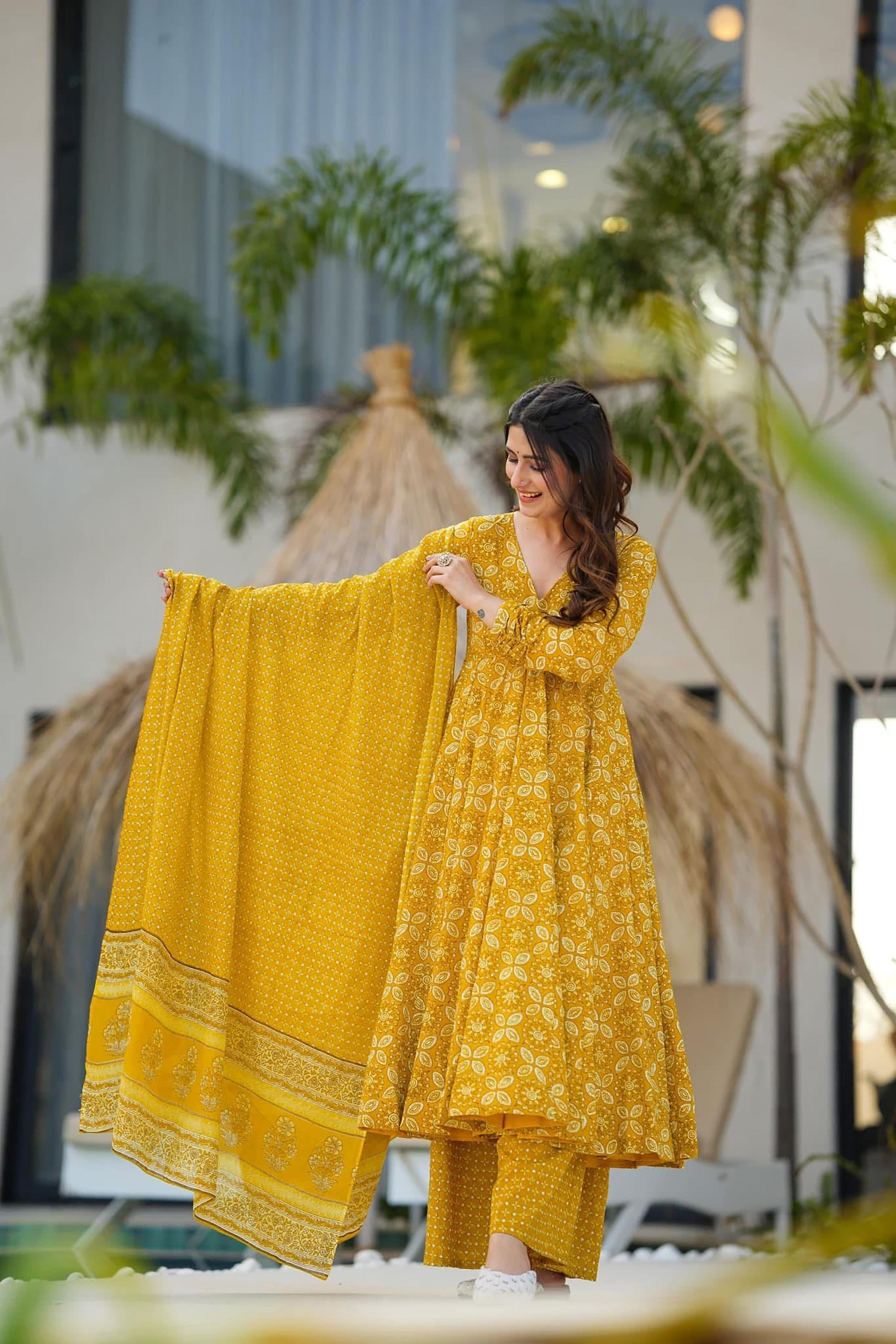 Sonakshi Women's Yellow Maslin Digital Print Full Round Flair Anarkali Gown Set With Dupatta