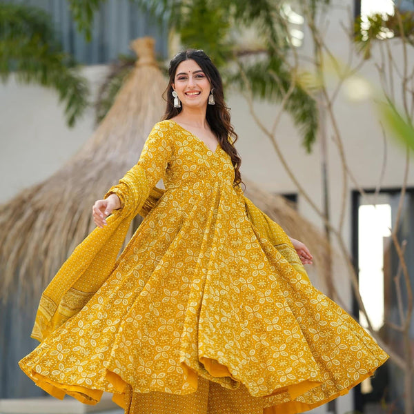 Sonakshi Women's Yellow Maslin Digital Print Full Round Flair Anarkali Gown Set With Dupatta - Distacart