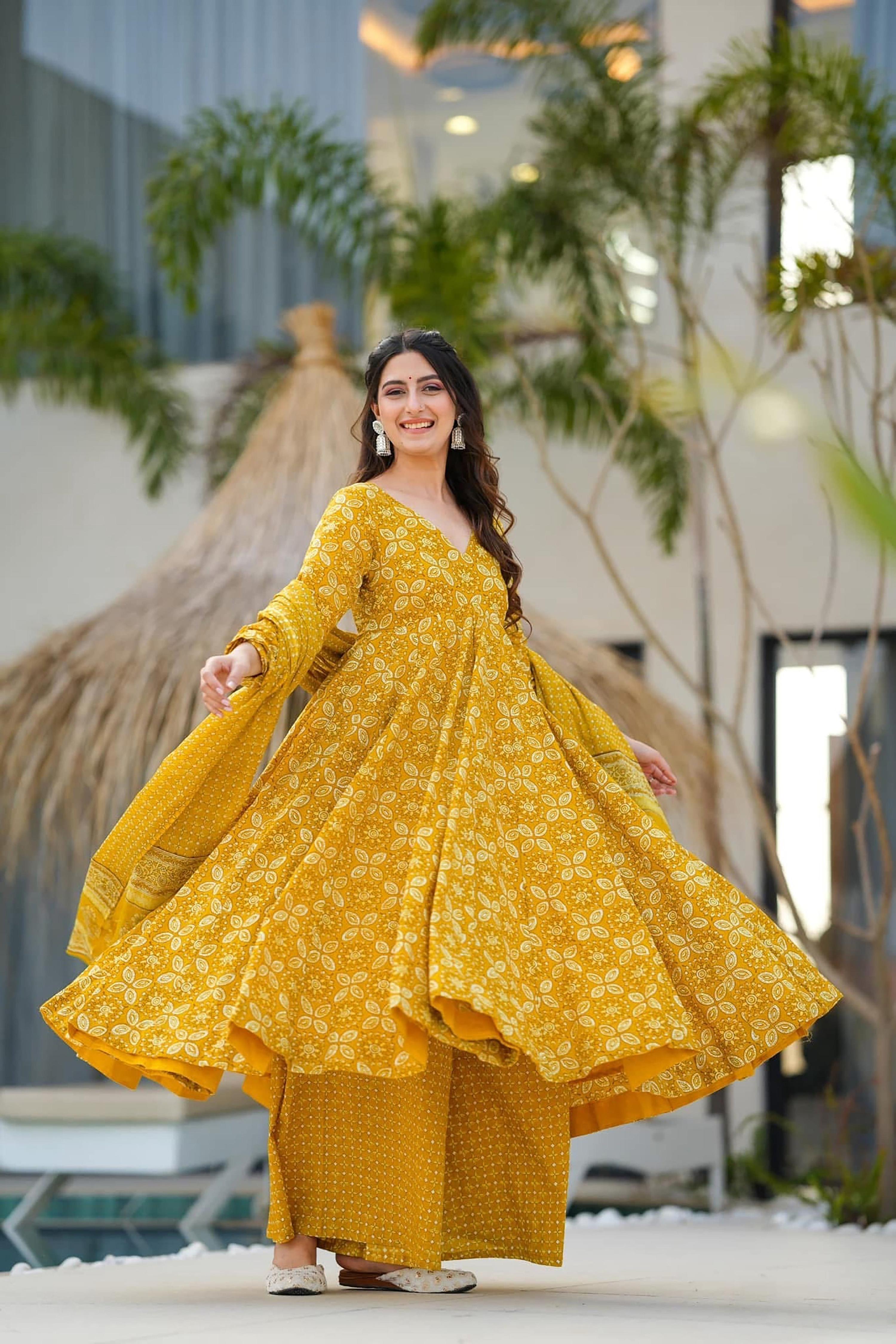 Sonakshi Women's Yellow Maslin Digital Print Full Round Flair Anarkali Gown Set With Dupatta - Distacart