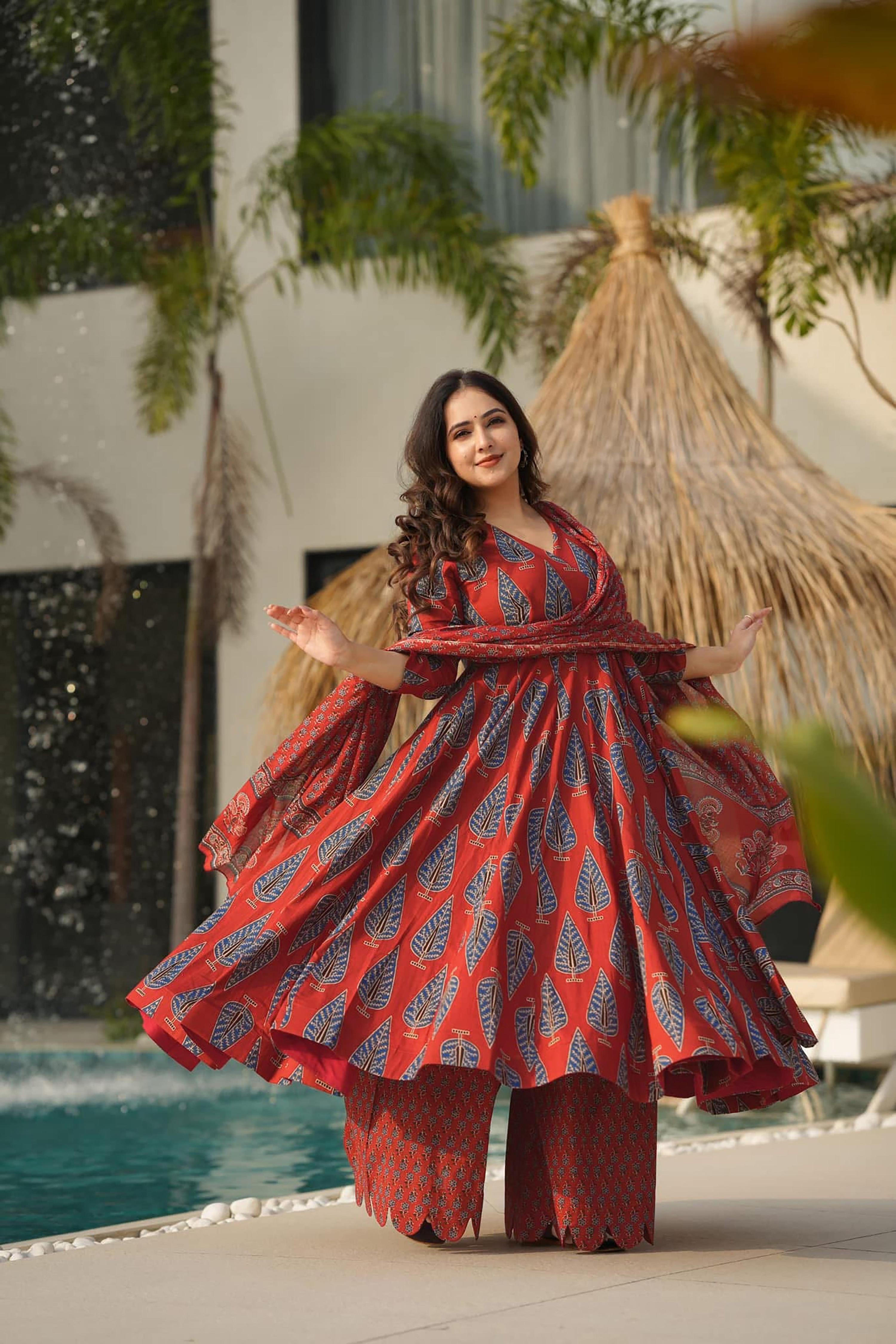 Sonakshi Women's Marron Maslin Digital Print Full Round Flair Anarkali Gown Set With Dupatta