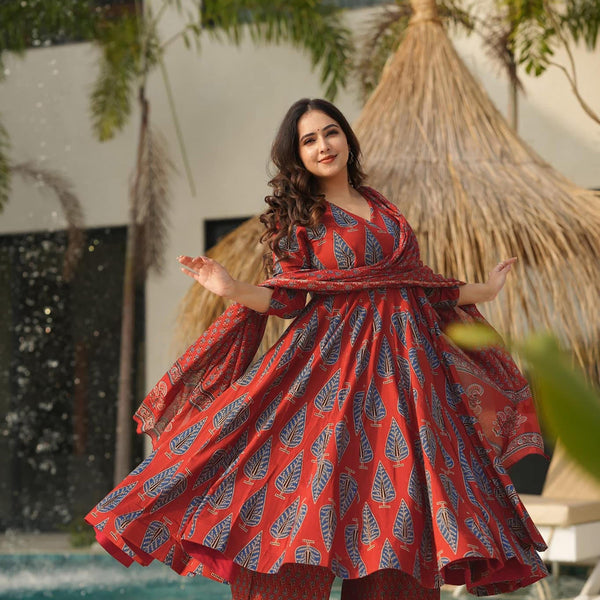 Sonakshi Women's Marron Maslin Digital Print Full Round Flair Anarkali Gown Set With Dupatta - Distacart