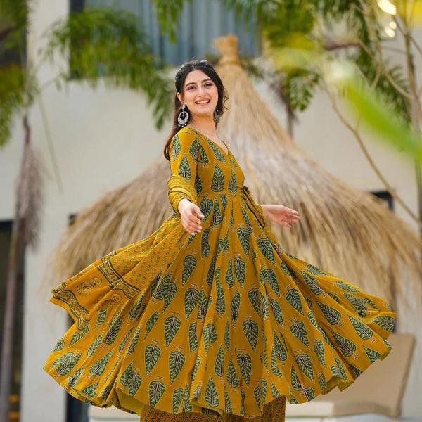 Sonakshi Women's Yellow Maslin Digital Print Full Round Flair Anarkali Gown Set With Dupatta - Distacart