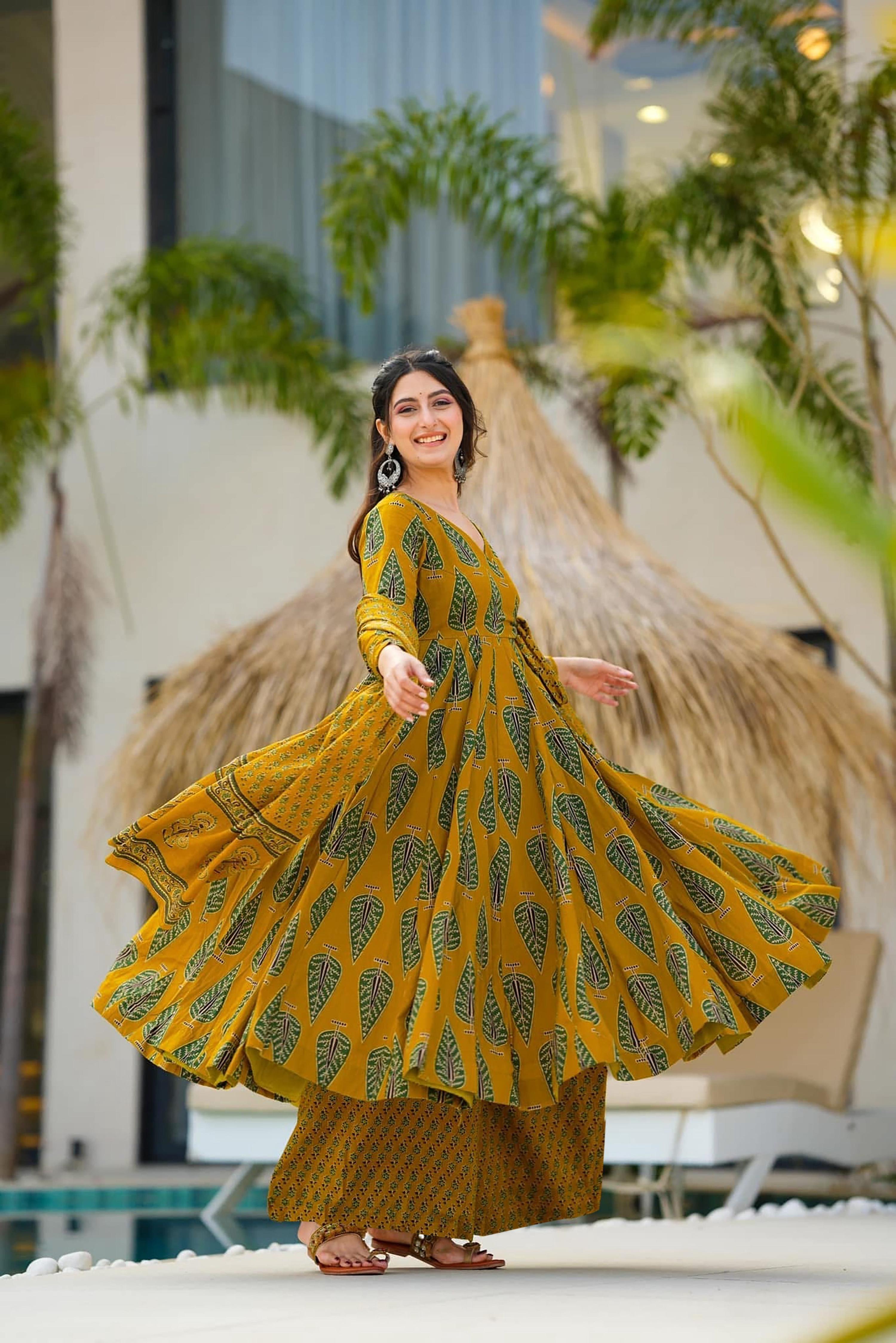 Sonakshi Women's Yellow Maslin Digital Print Full Round Flair Anarkali Gown Set With Dupatta - Distacart