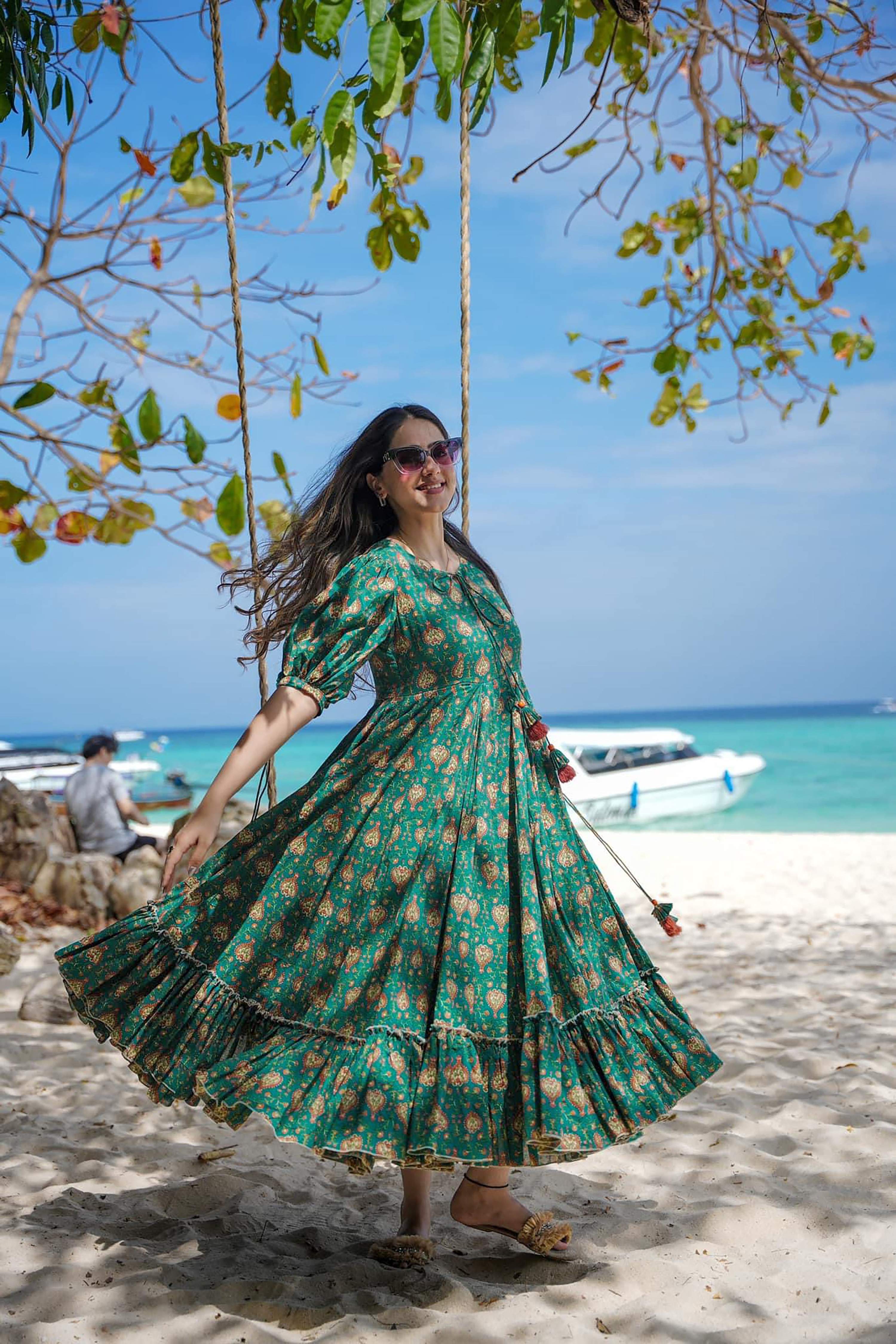 Sonakshi Women's Green Rayon Digital Print Full Round Flair Anarkali Gown Set