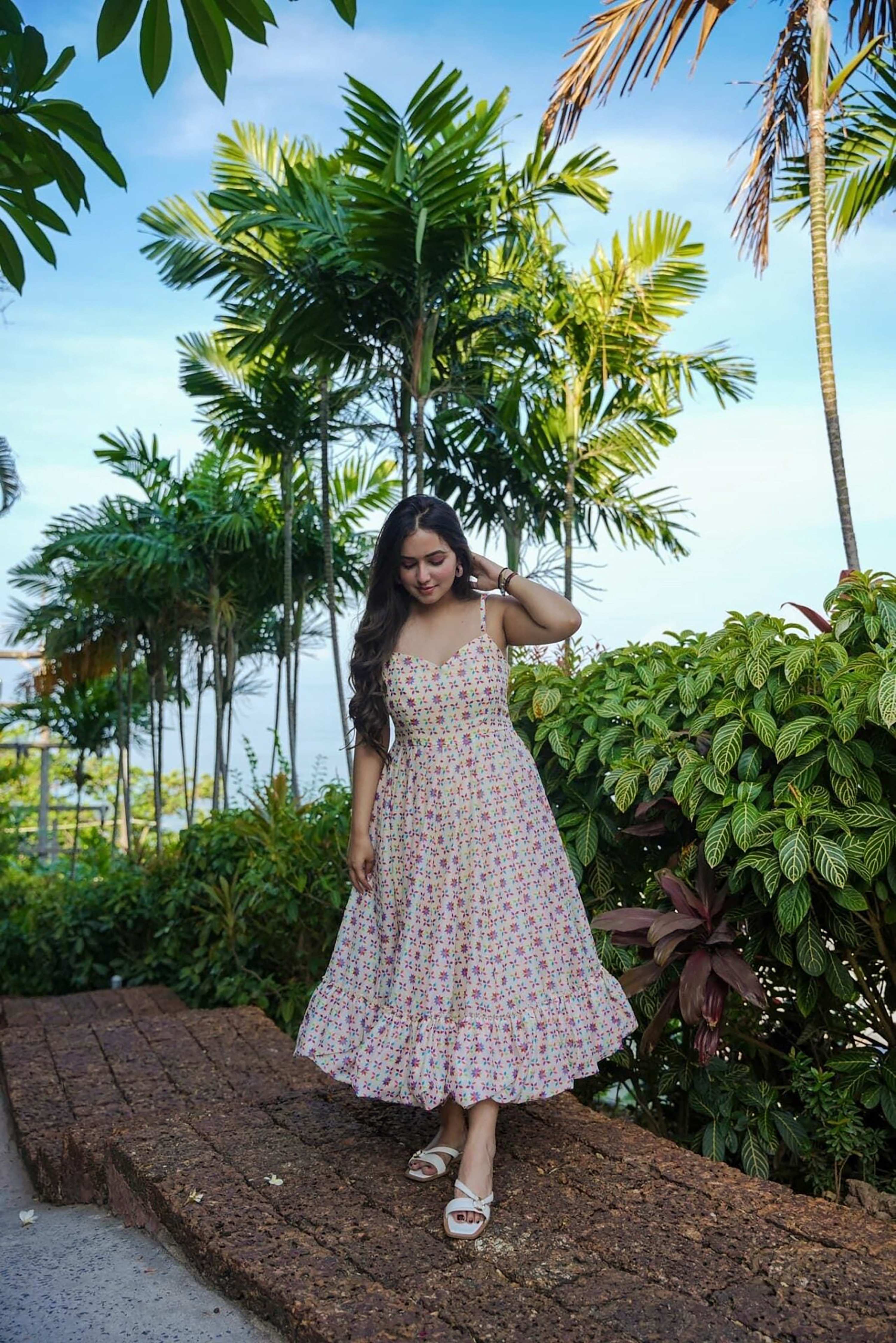 Sonakshi Women's Cream Rayon Digital Print Full Round Flair Anarkali Gown Set