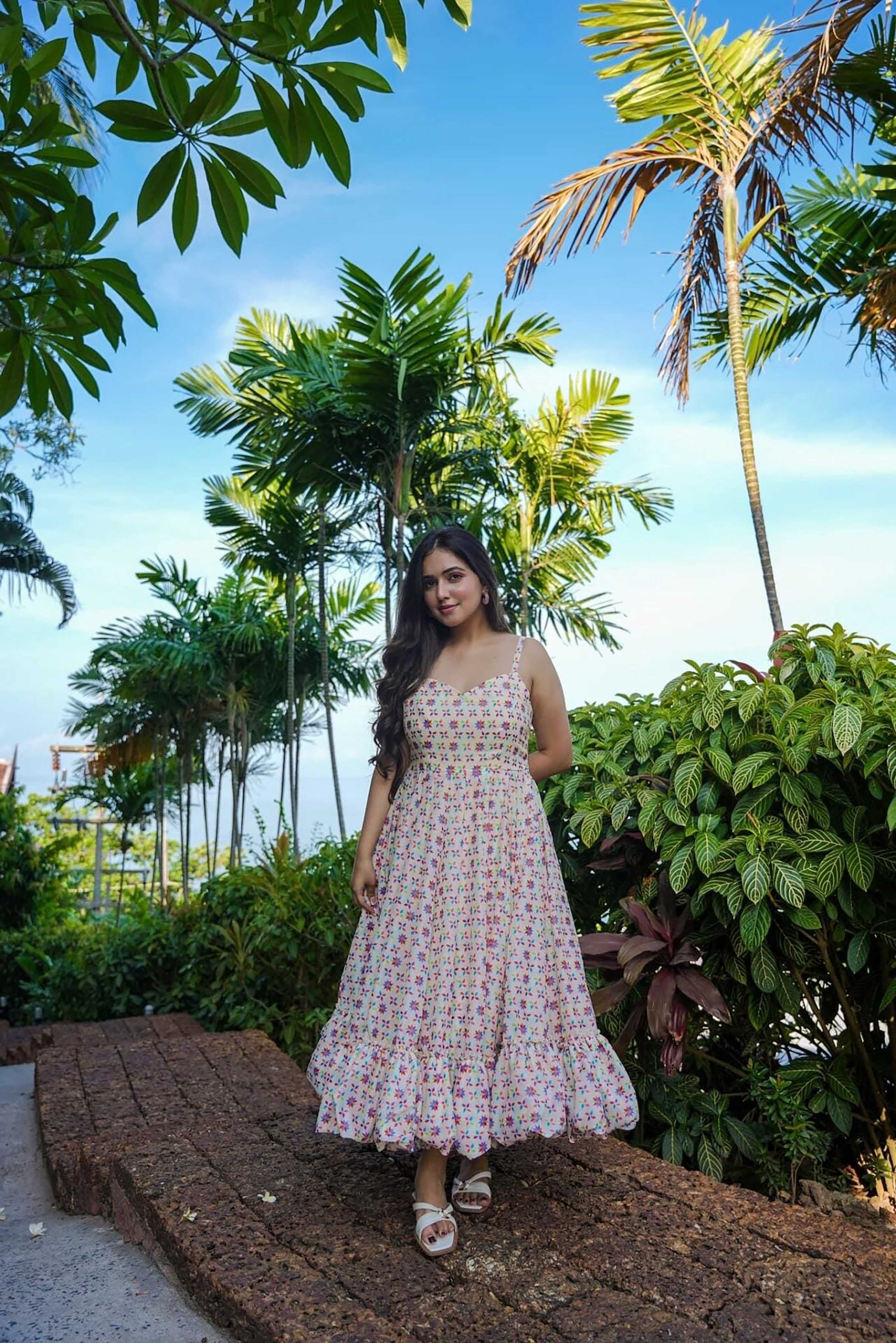 Sonakshi Women's Cream Rayon Digital Print Full Round Flair Anarkali Gown Set - Distacart