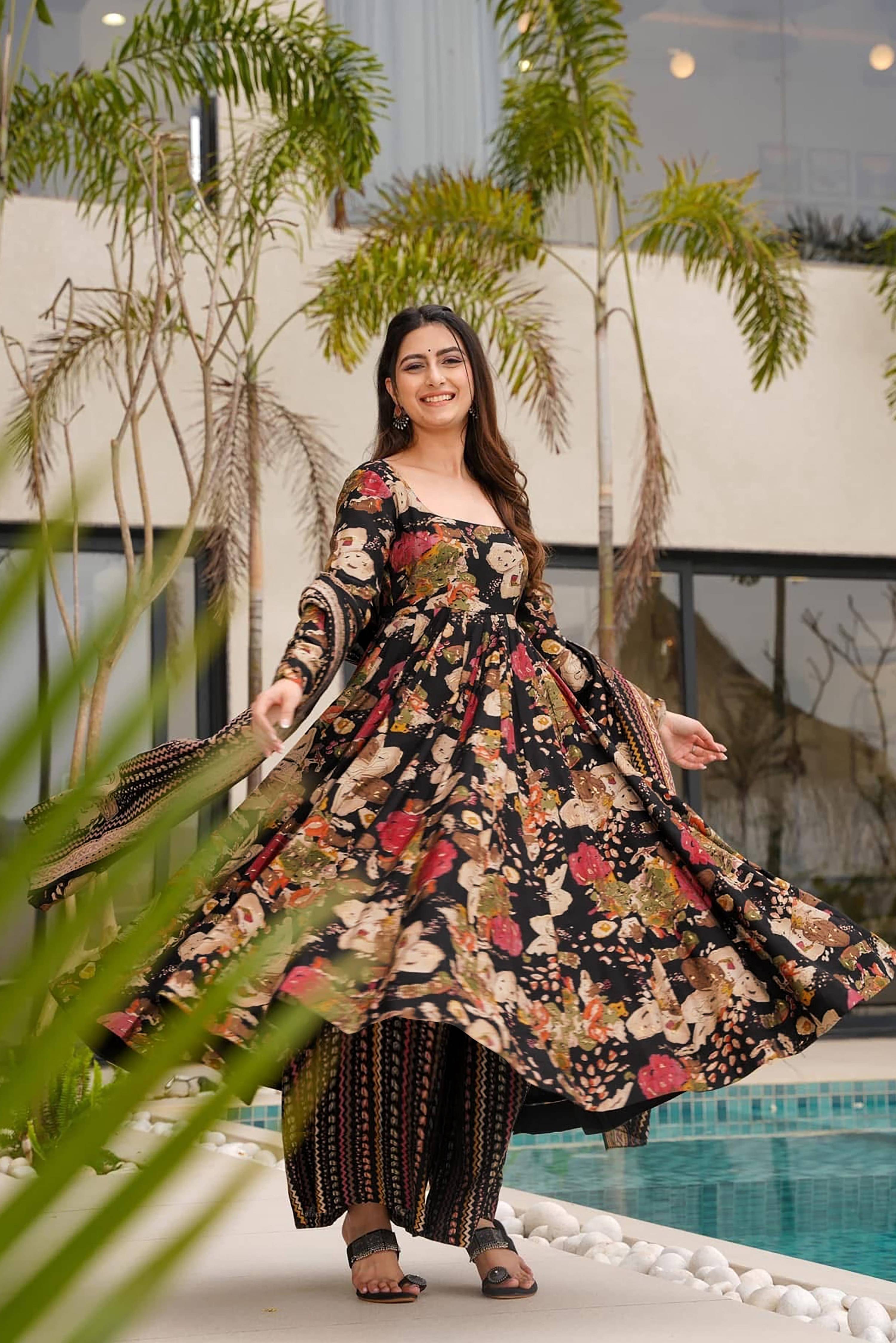 Sonakshi Women's Black Mal cottan Digital Print Full Round Flair Anarkali Gown Set With Dupatta - Distacart